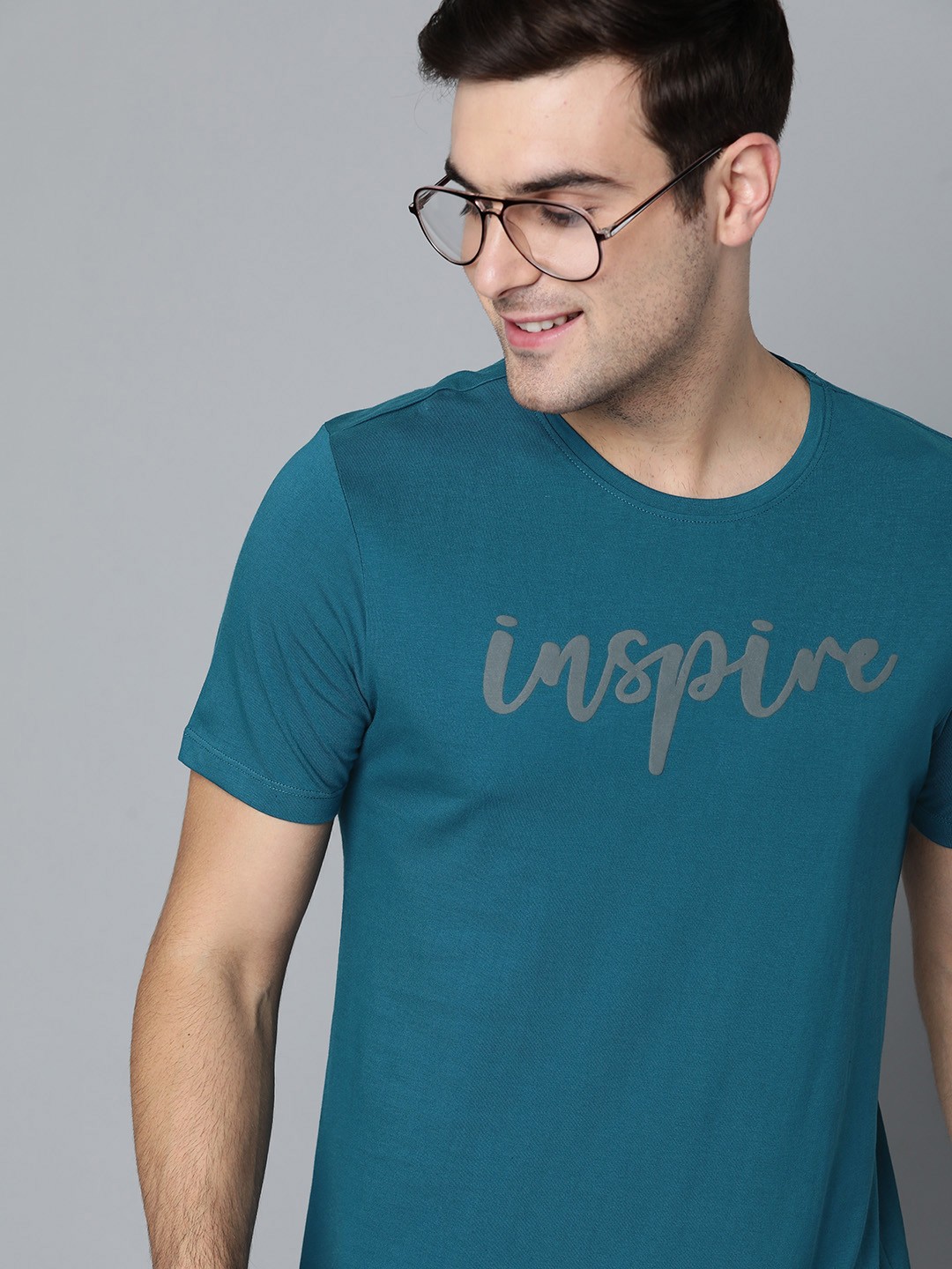 

Mast Harbour Men Teal Blue Printed Round Neck Pure Cotton T-shirt