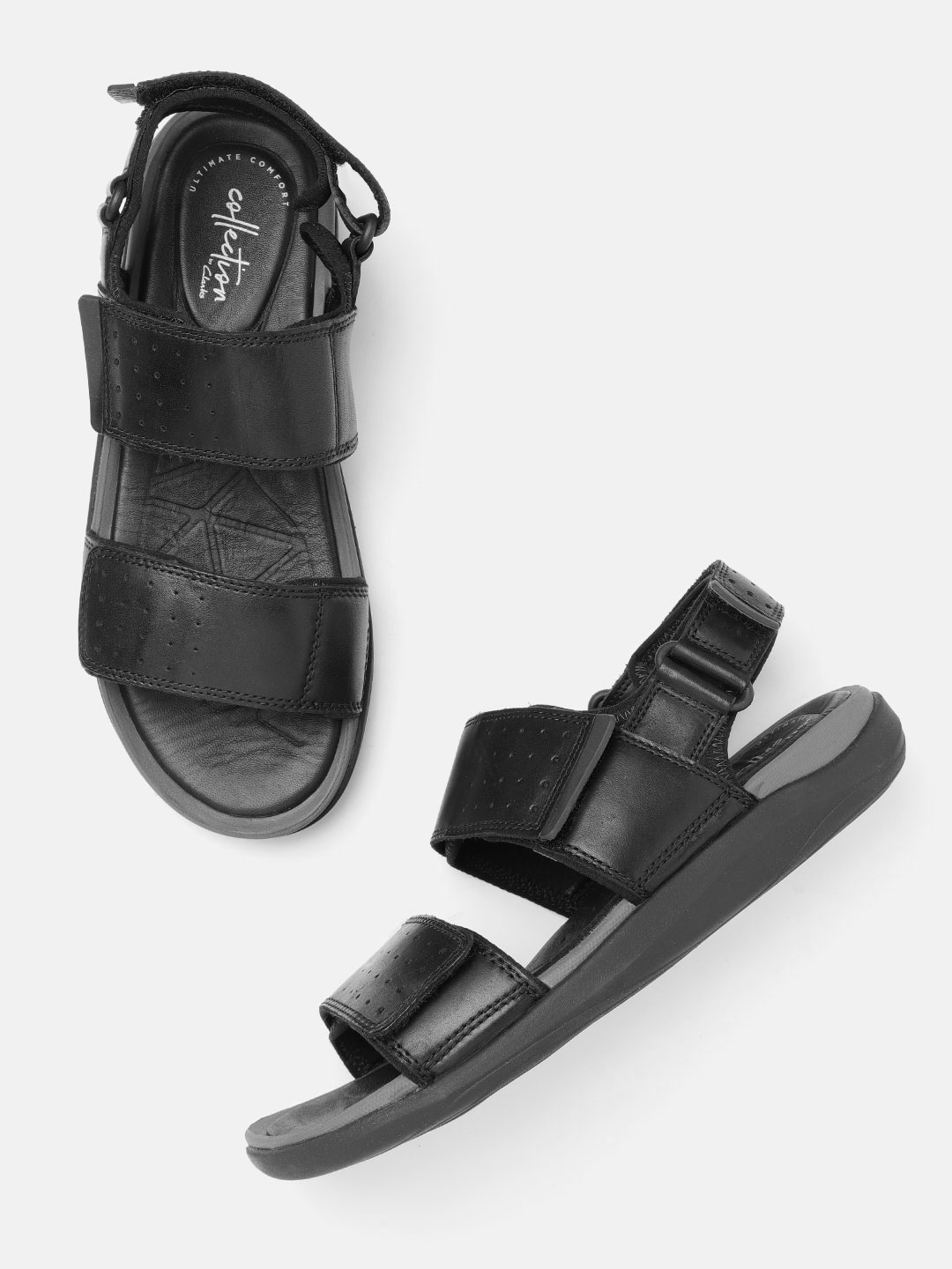

Clarks Men Black Solid Leather Comfort Sandals with Perforated Detail