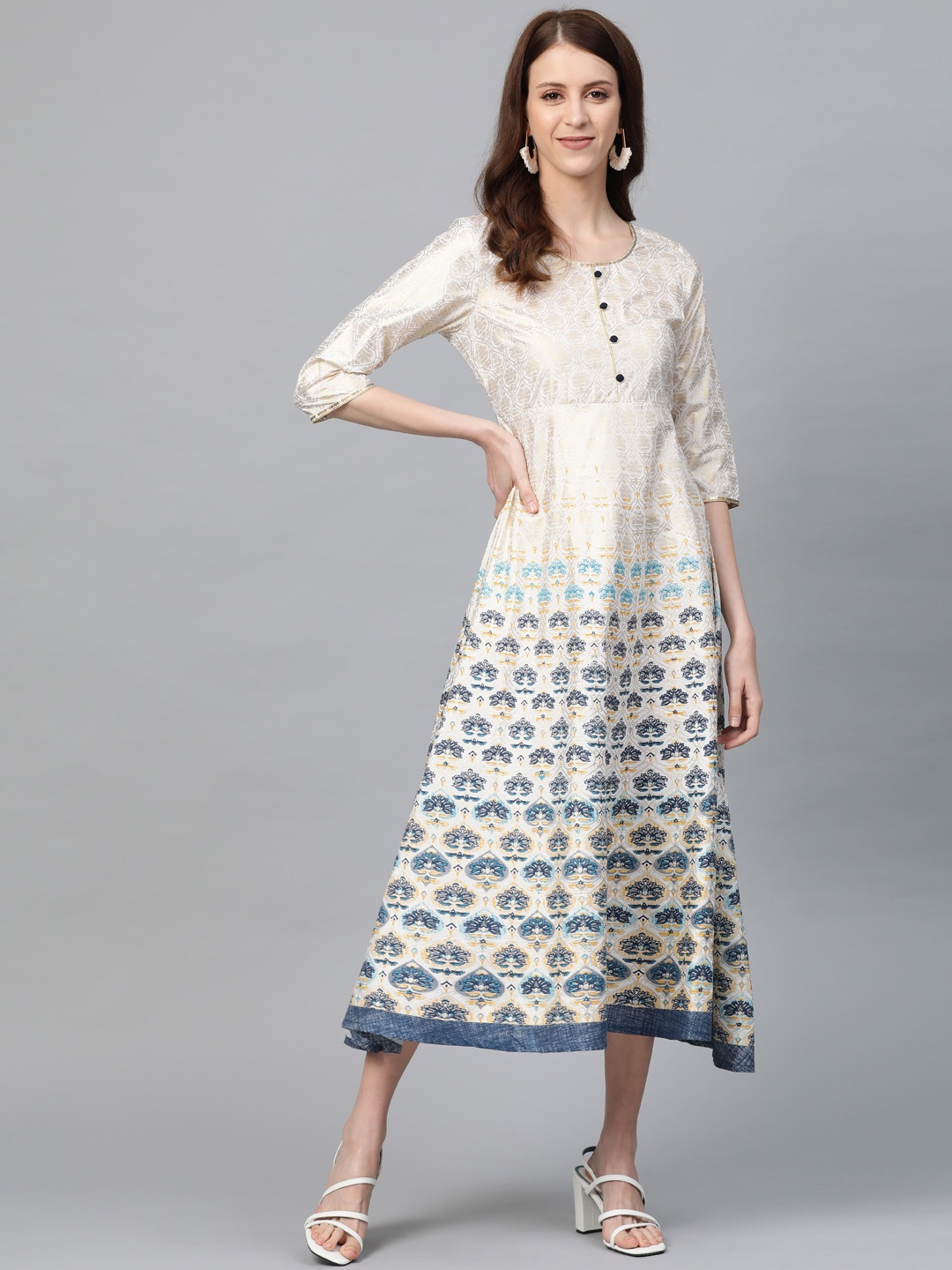 

AURELIA Women Off-White & Golden Printed A-Line Dress