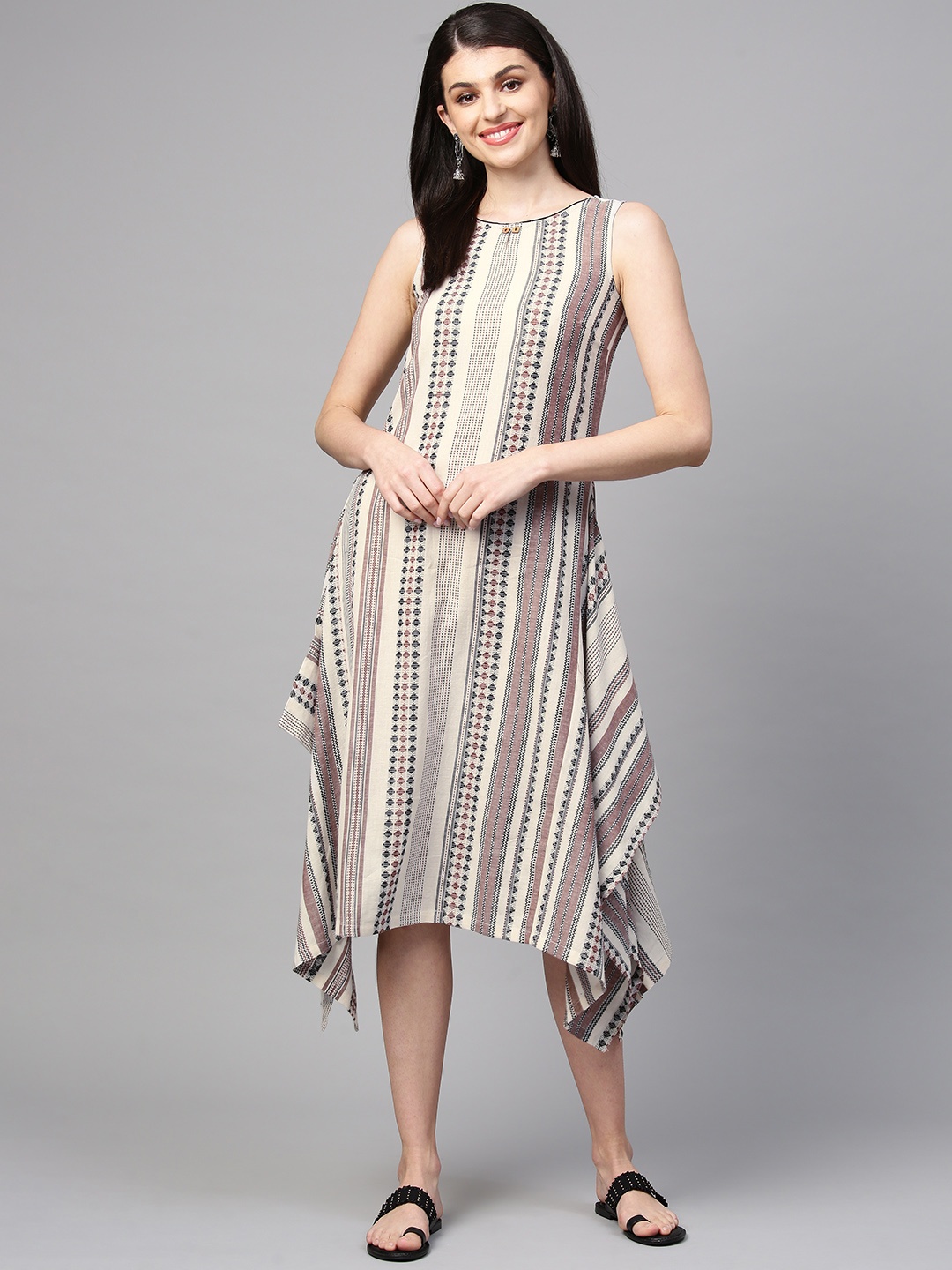 

AURELIA Women Off-White & Black Self Striped A-Line Dress