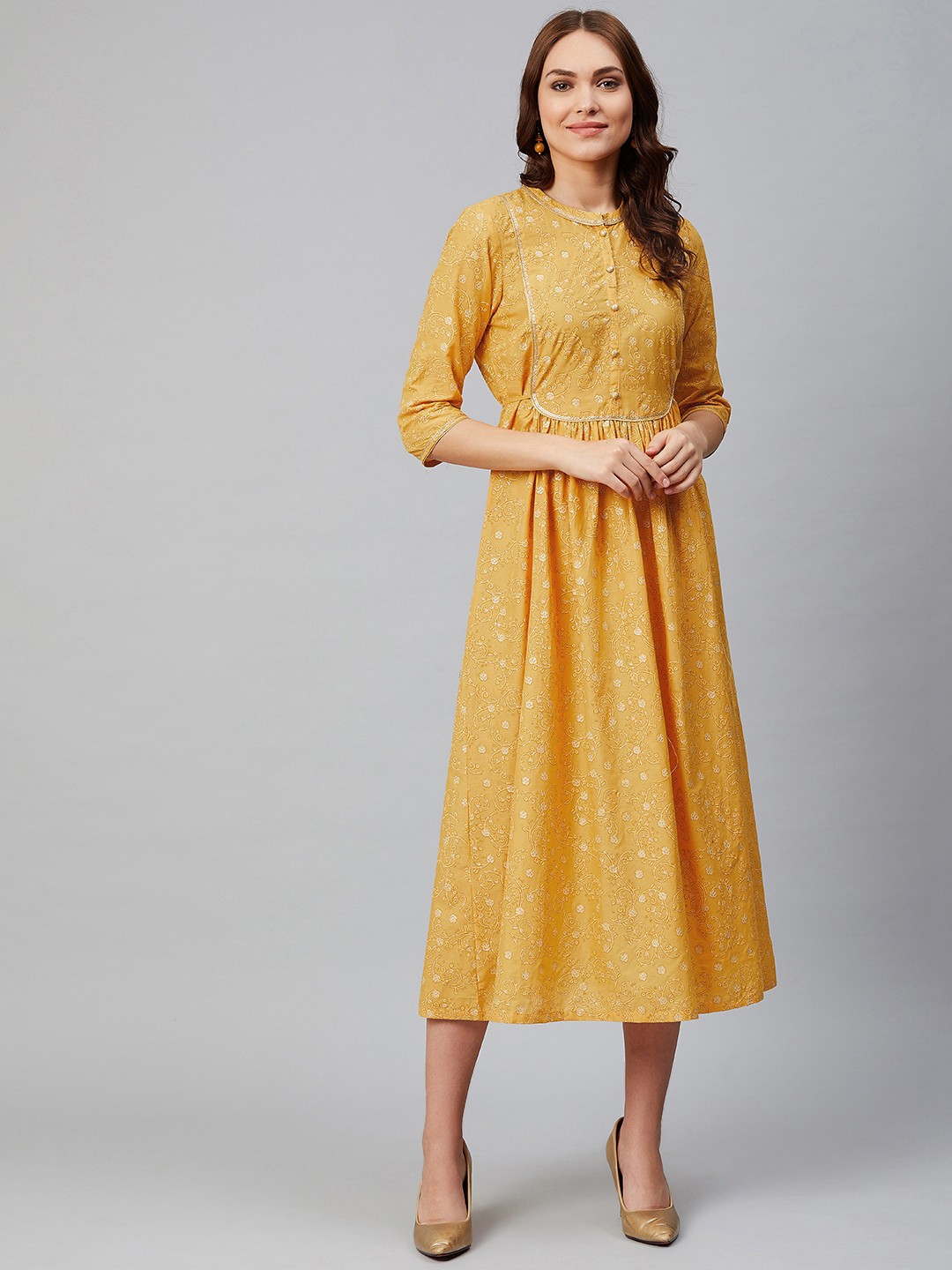 

AURELIA Women Printed A-Line Cotton Dress, Mustard