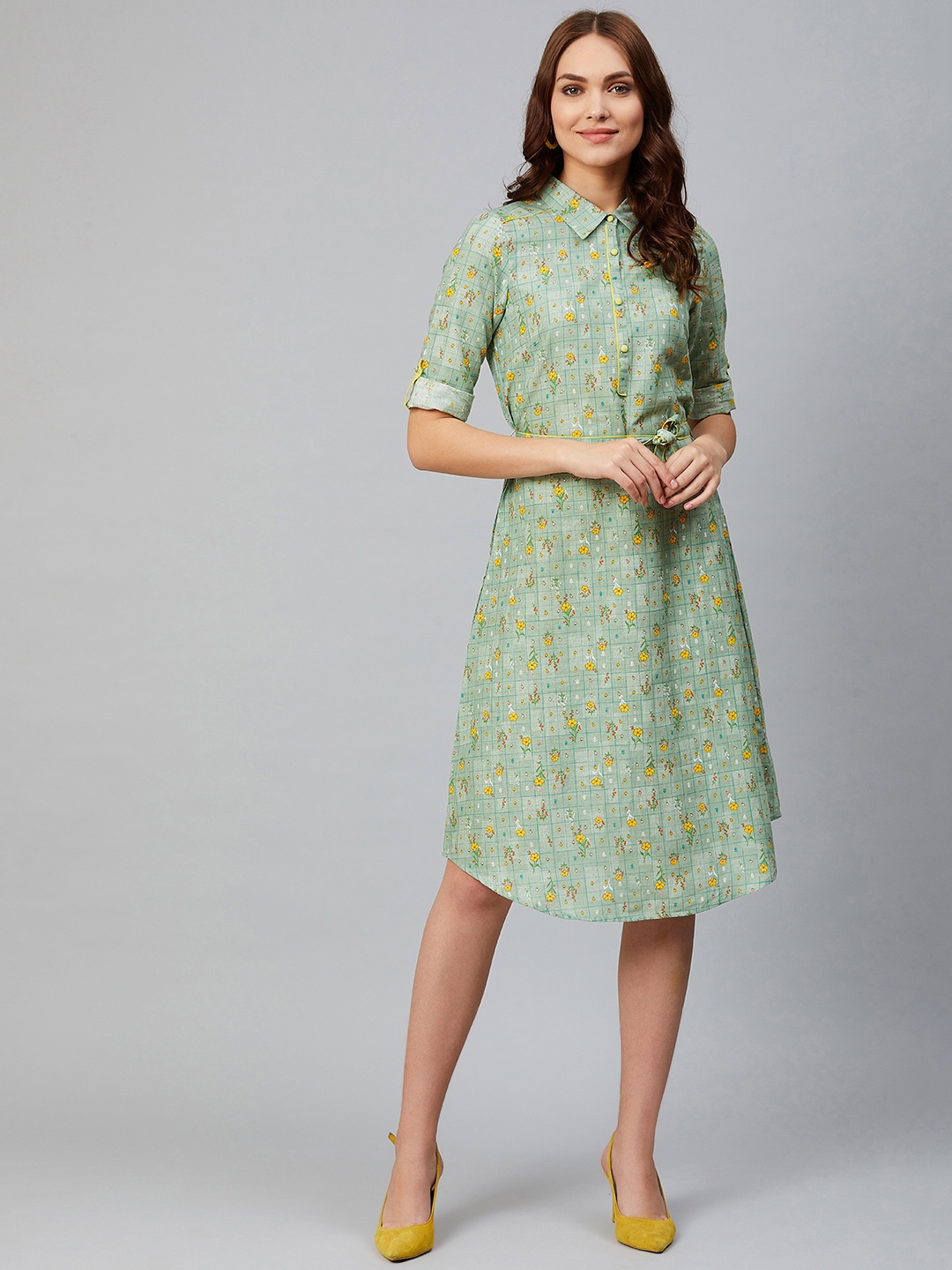 

AURELIA Women Green & Yellow Floral Print Shirt Dress