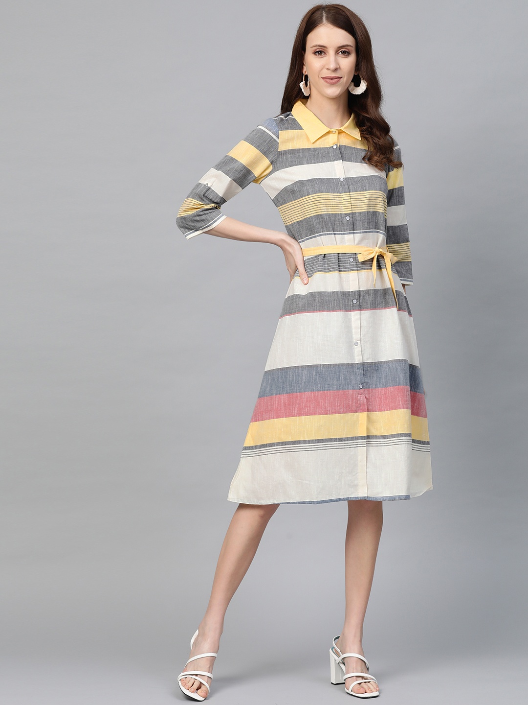 

AURELIA Women Grey & White Striped A-Line Dress