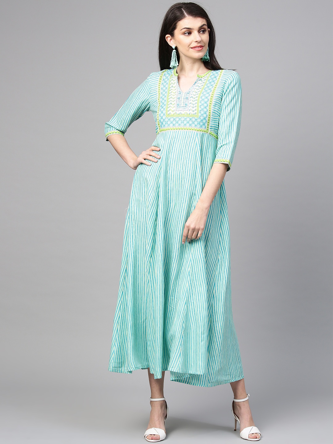 

AURELIA Women Blue & Off-White Striped Maxi Dress