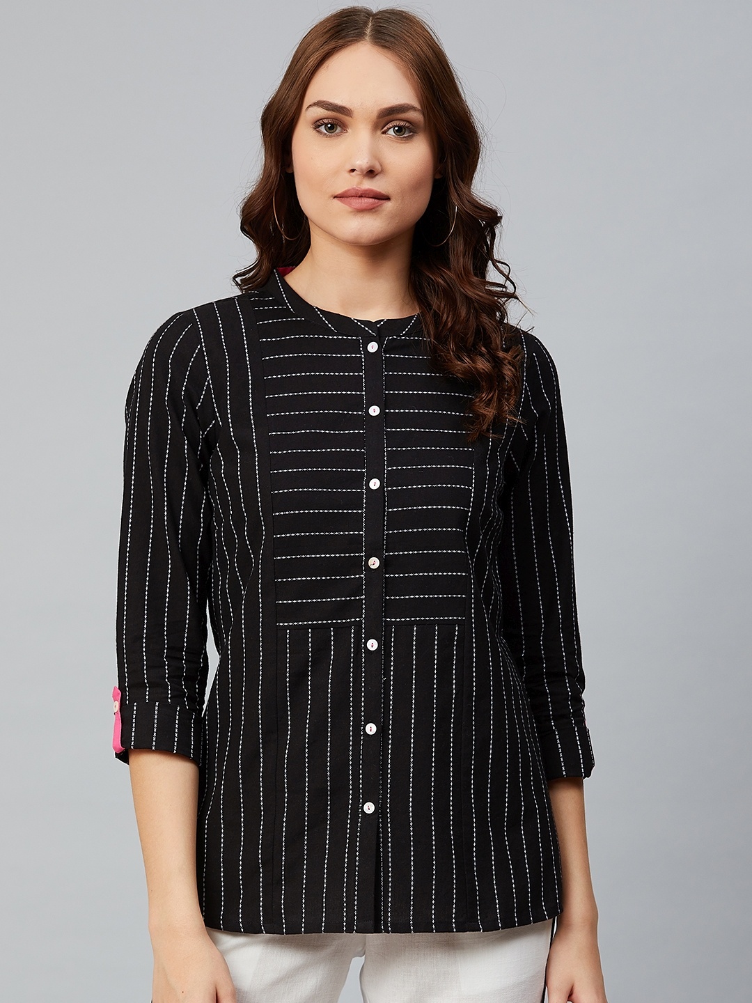 

AURELIA Women Black & White Regular Fit Yarn Dyed Striped Casual Shirt