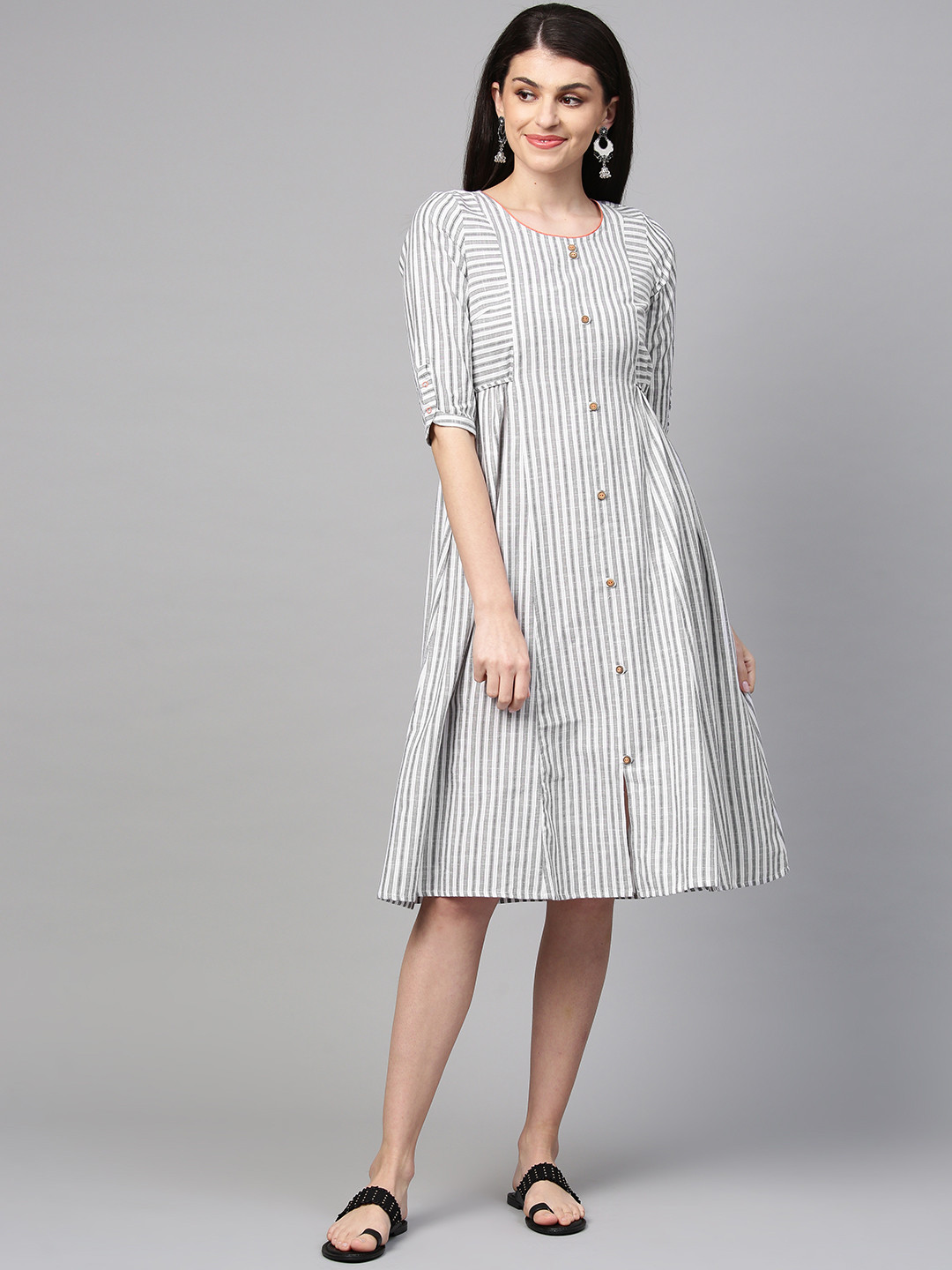 

AURELIA Women Grey & White Striped A-Line Dress