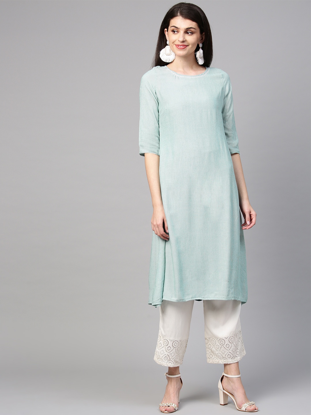

AURELIA Women Green Striped Layered A-Line Kurta