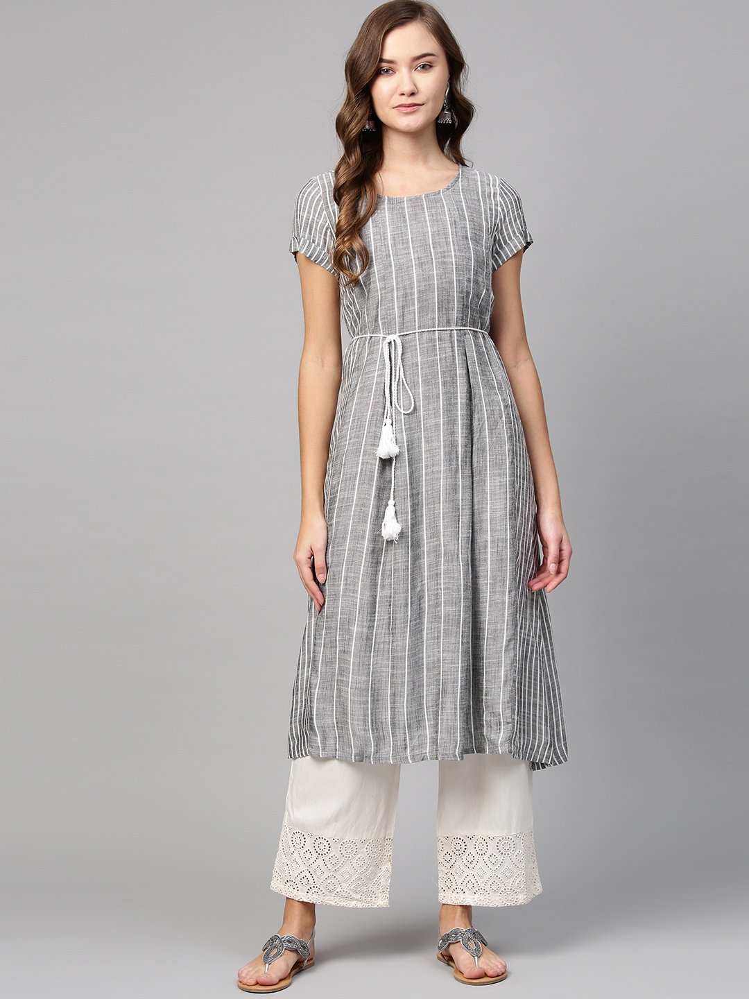 

AURELIA Women Grey & White Striped A-Line Kurta