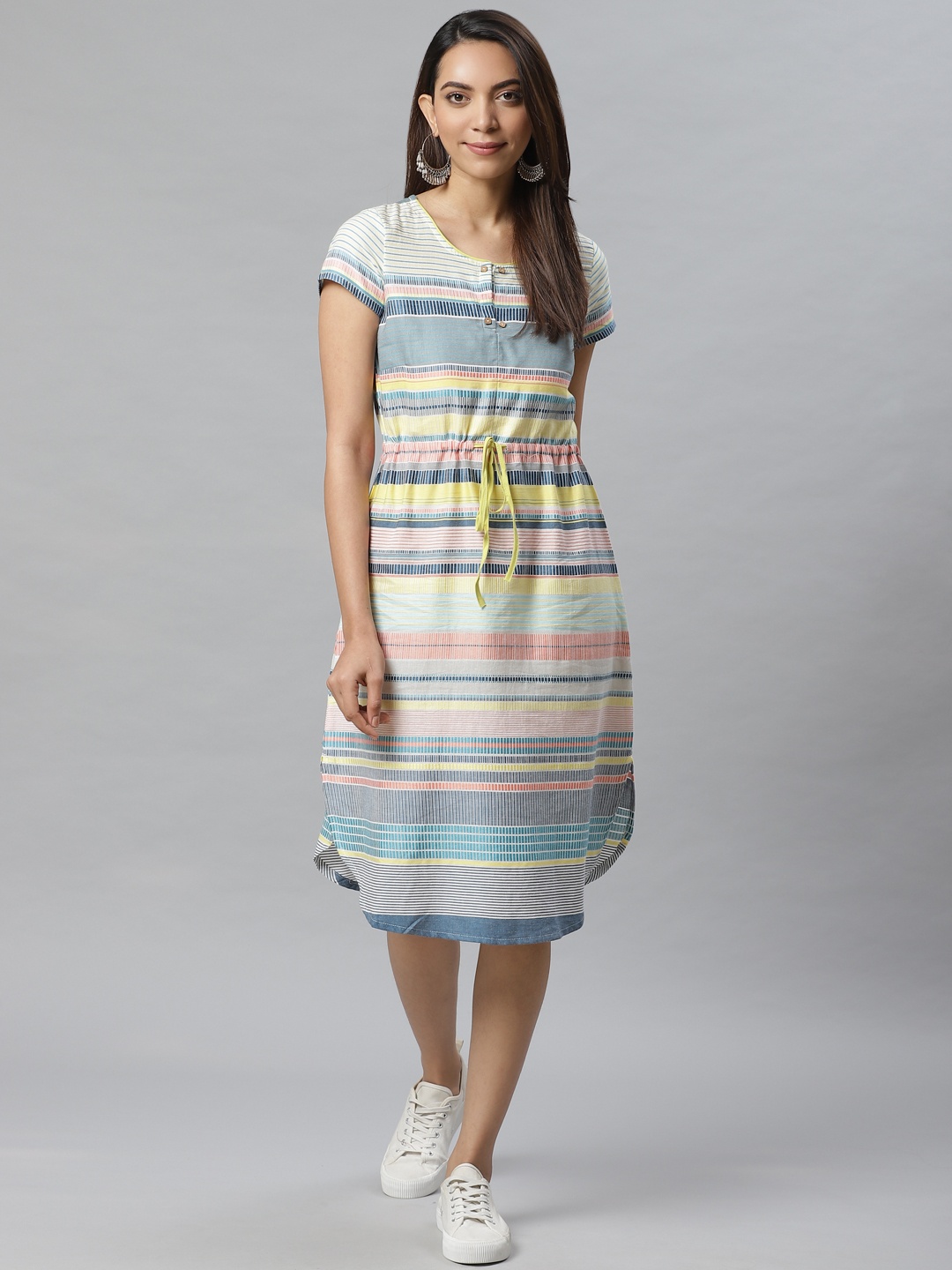 

AURELIA Women Blue & Yellow Yarn-Dyed Striped A-Line Dress