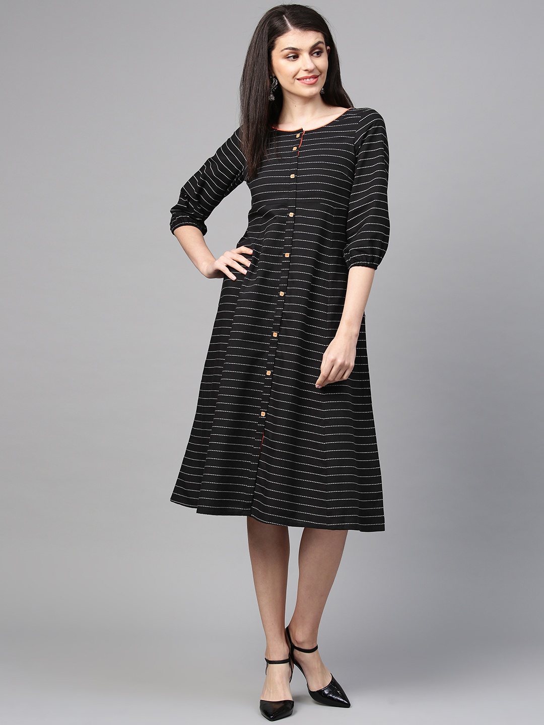 

AURELIA Striped A-Line Cotton Dress, Black