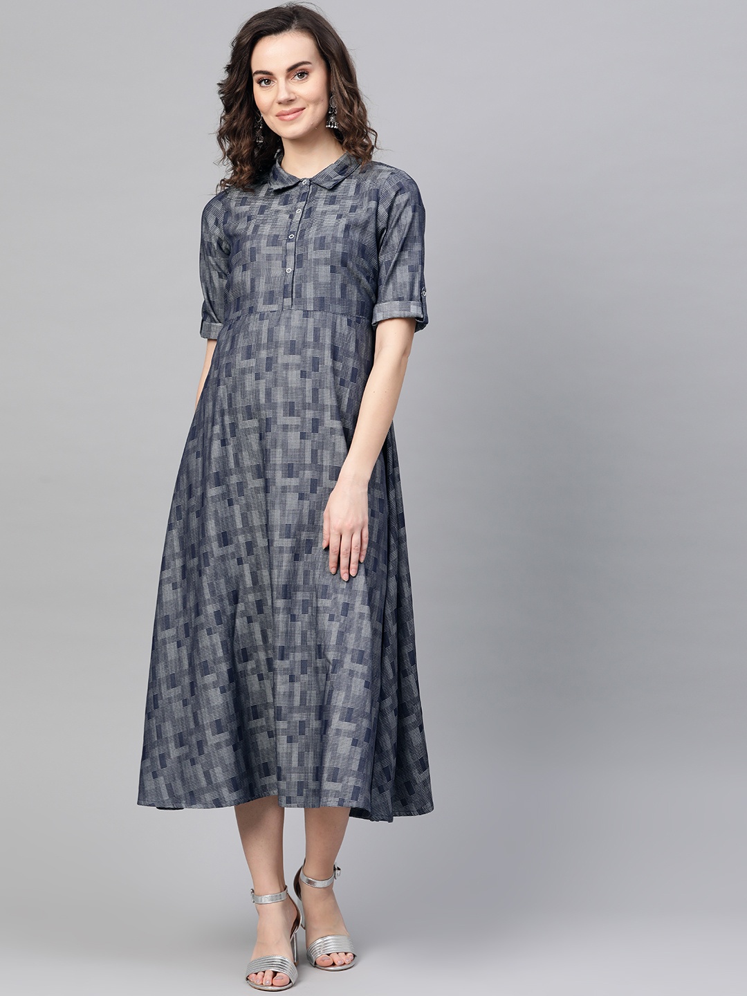 

AURELIA Self Design Shirt Cotton Dress, Grey