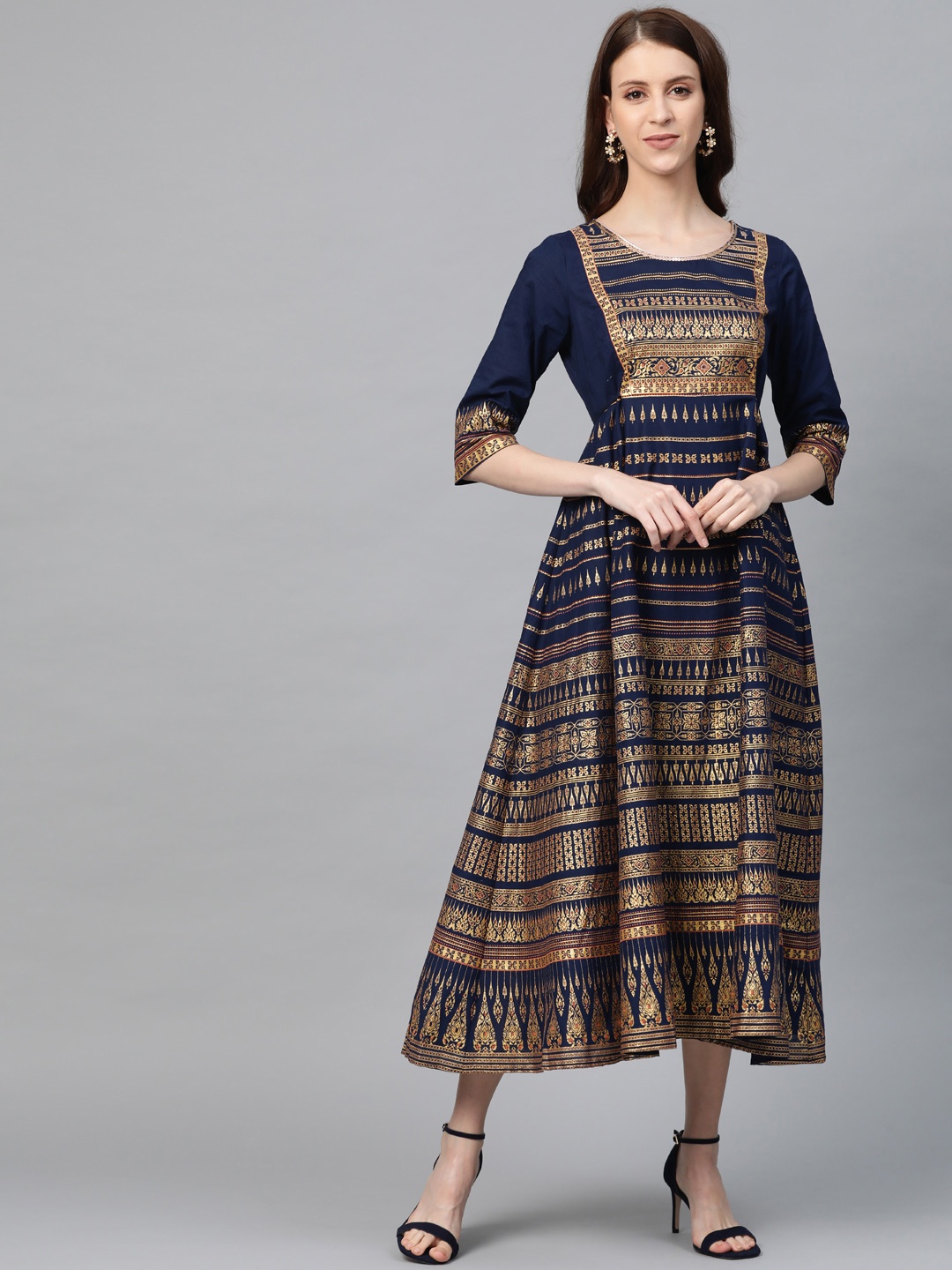 

AURELIA Printed A-Line Cotton Dress, Navy blue