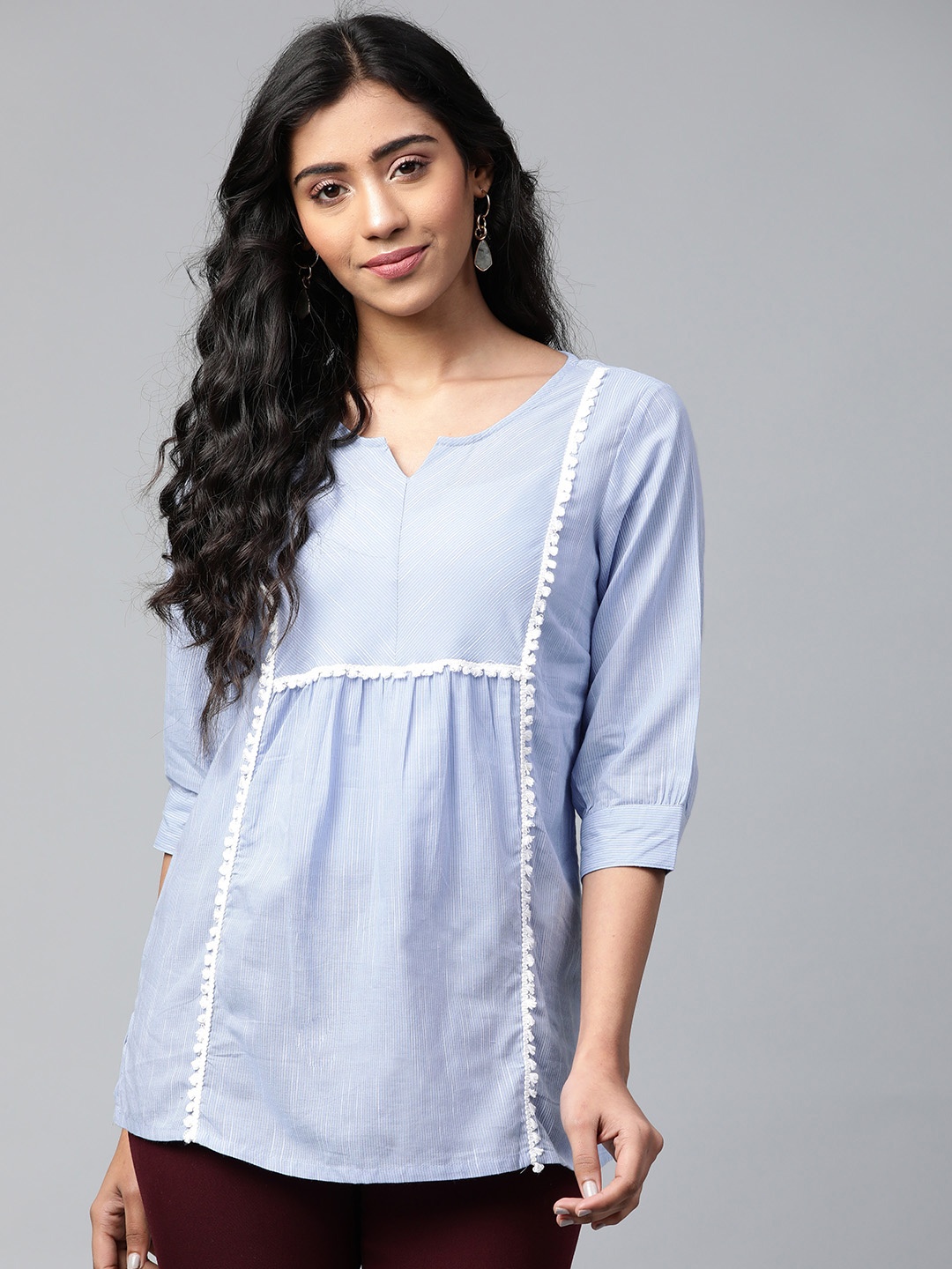 

AURELIA Women Blue & White Striped Pure Cotton Top