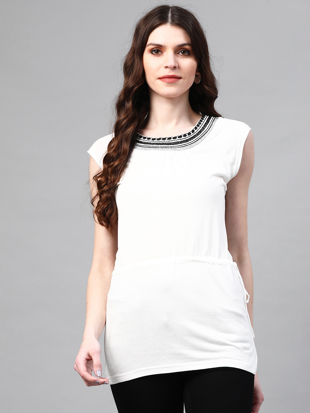 

AURELIA Women White Liva Solid Longline Cinched Waist Top