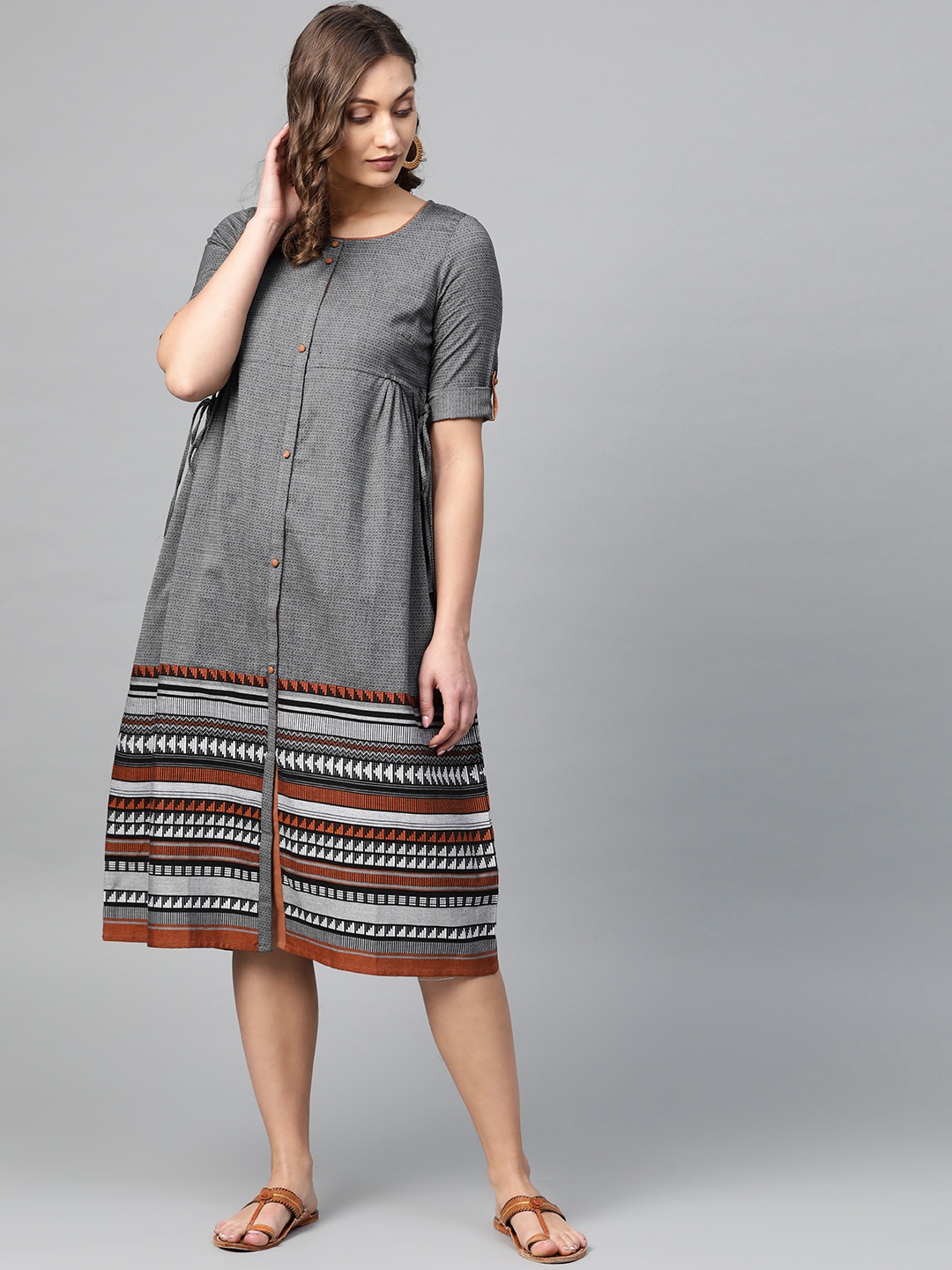 

AURELIA Self Design A-Line Cotton Dress, Grey