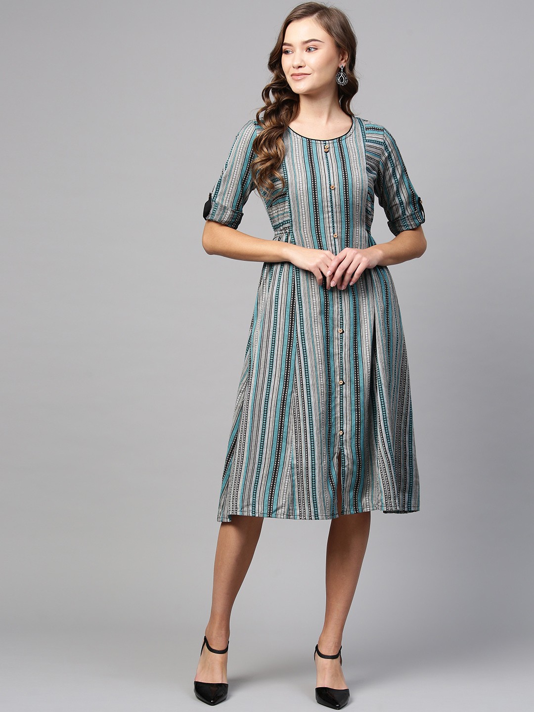

AURELIA Women Grey & Blue Striped A-Line Dress