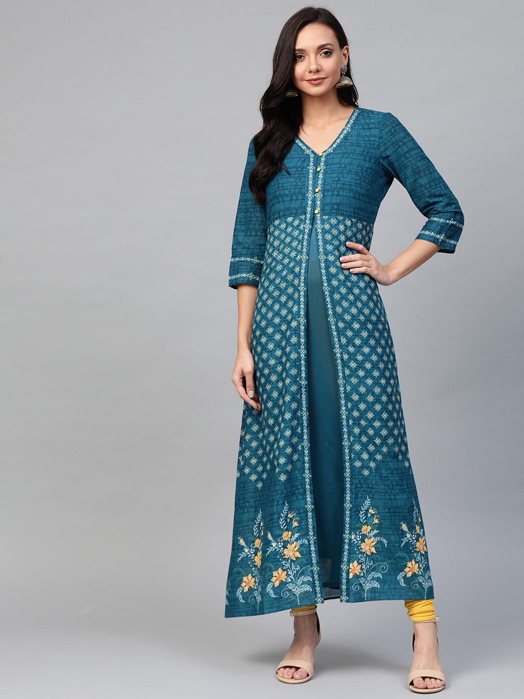 

AURELIA Women Blue & White Floral Print A-Line Layered Kurta