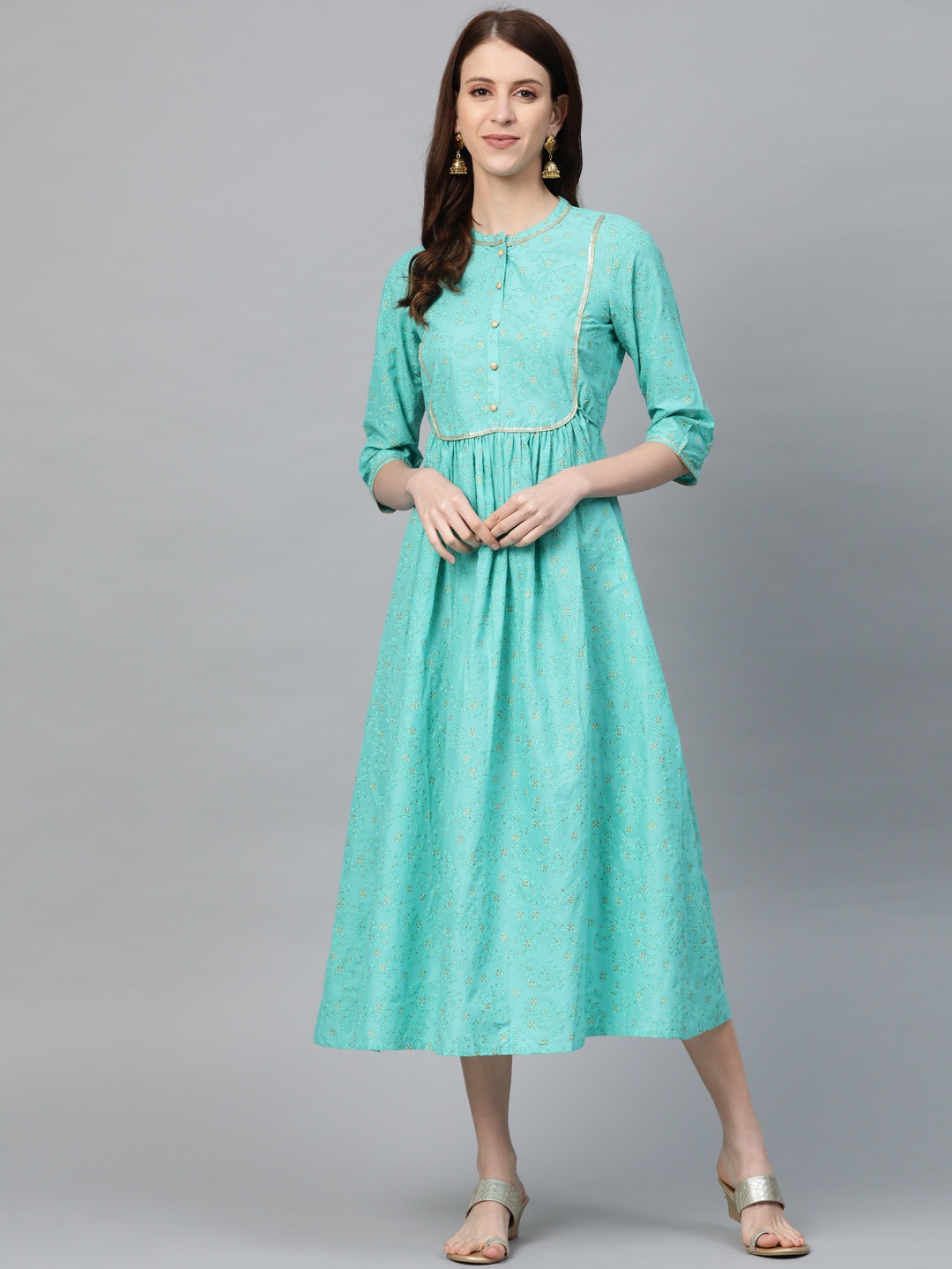 

AURELIA Women Sea Green & Golden Printed A-Line Dress