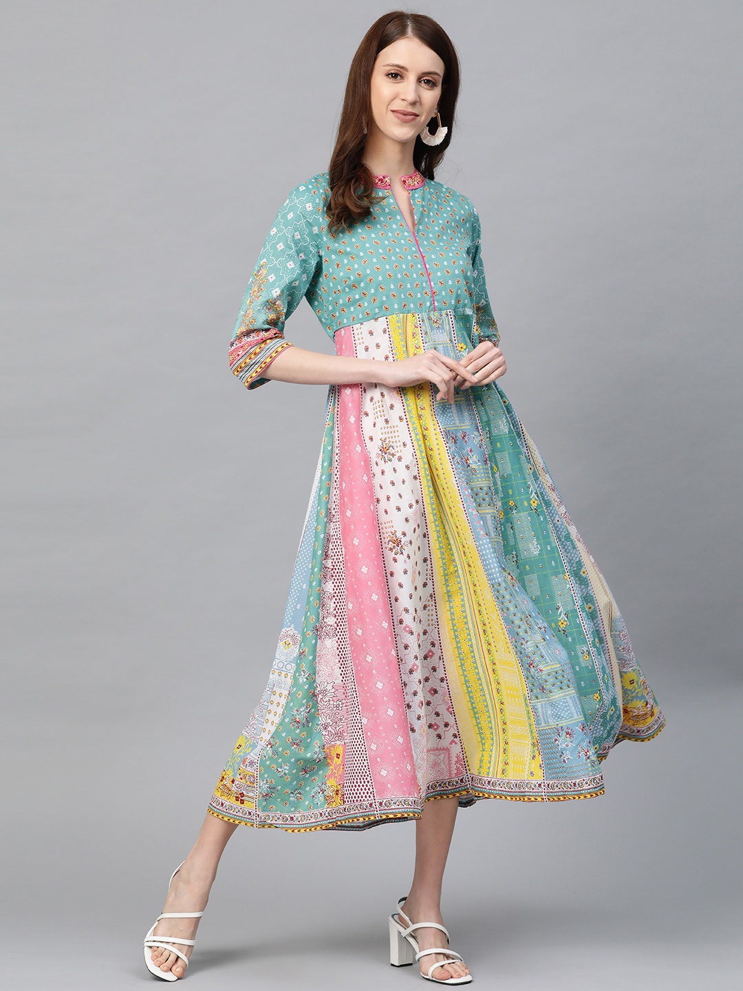 

AURELIA Women Green & Pink Printed A-Line Dress