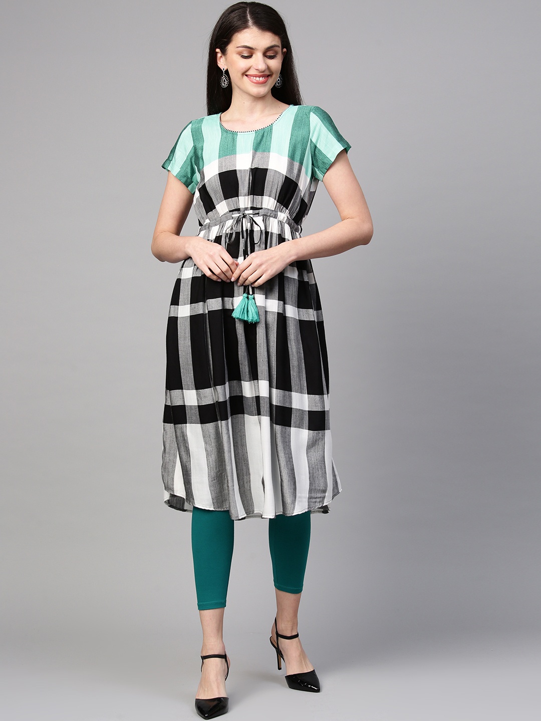 

AURELIA Women Black & White Checked A-Line Kurta