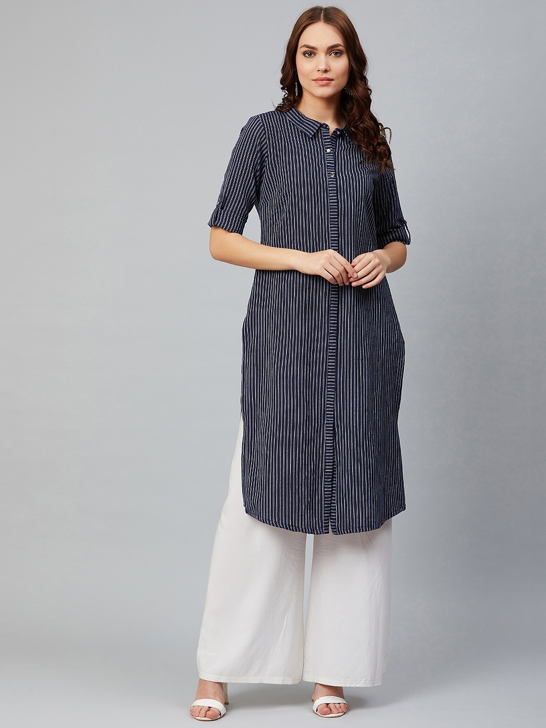 

AURELIA Women Navy Blue & White Yarn Dyed Striped Straight Kurta