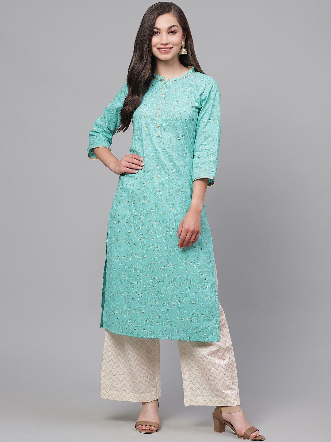 

AURELIA Women Sea Green & Golden Printed Straight Kurta