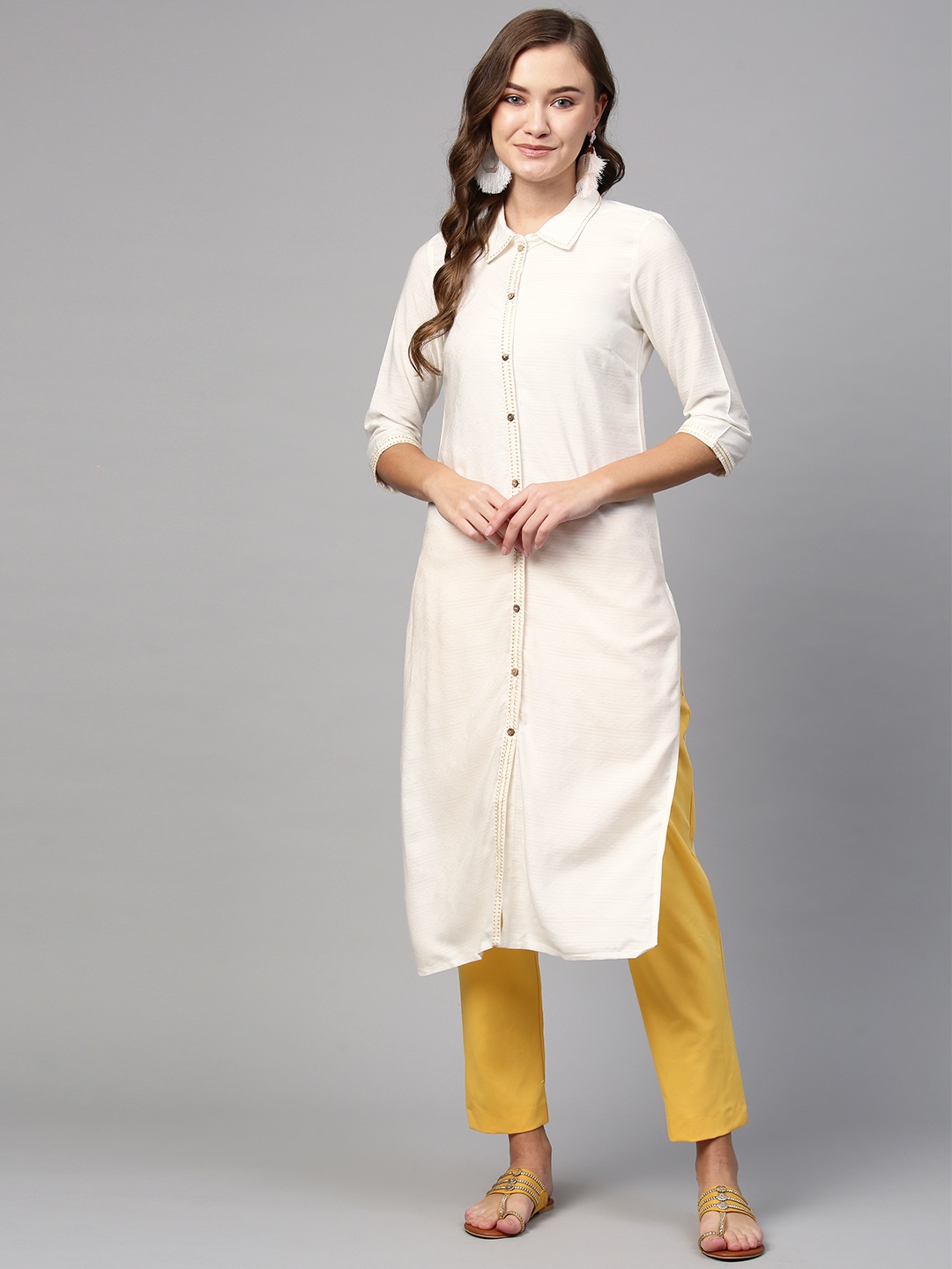 

AURELIA Women White Self Striped Straight Kurta