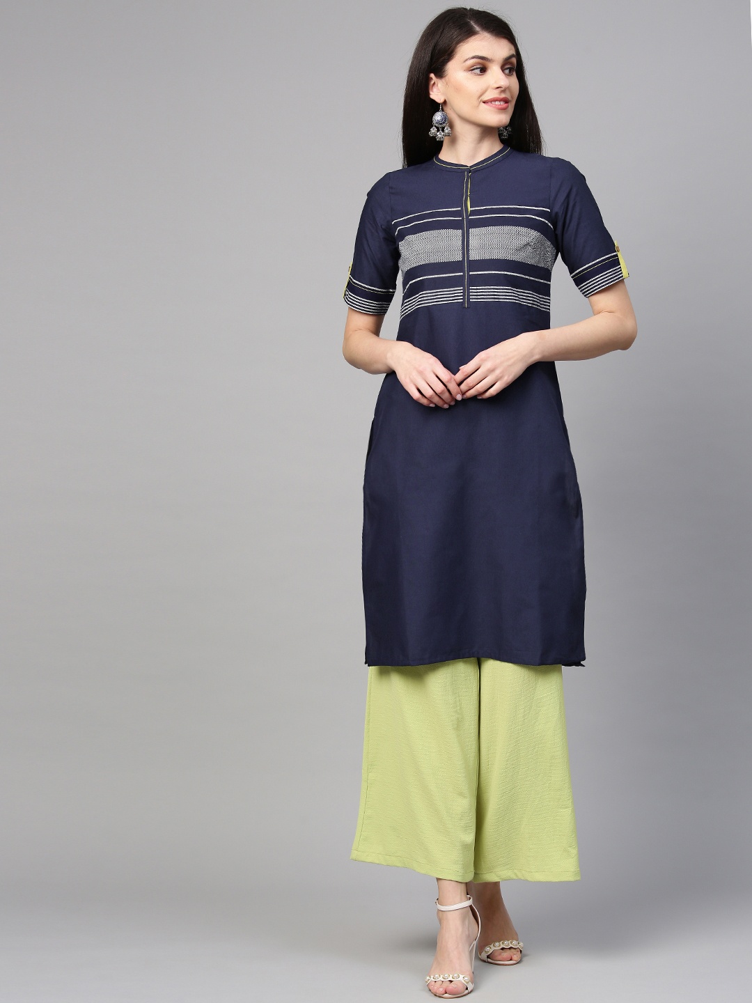 

AURELIA Women Navy Blue & White Yoke Design Straight Kurta