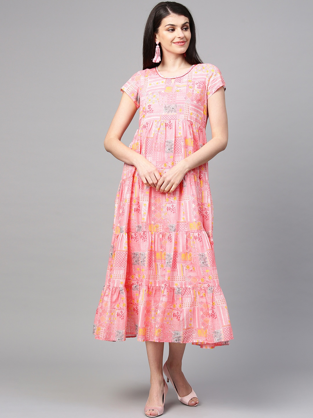 

AURELIA Women Pink & Yellow Printed Tiered A-Line Dress