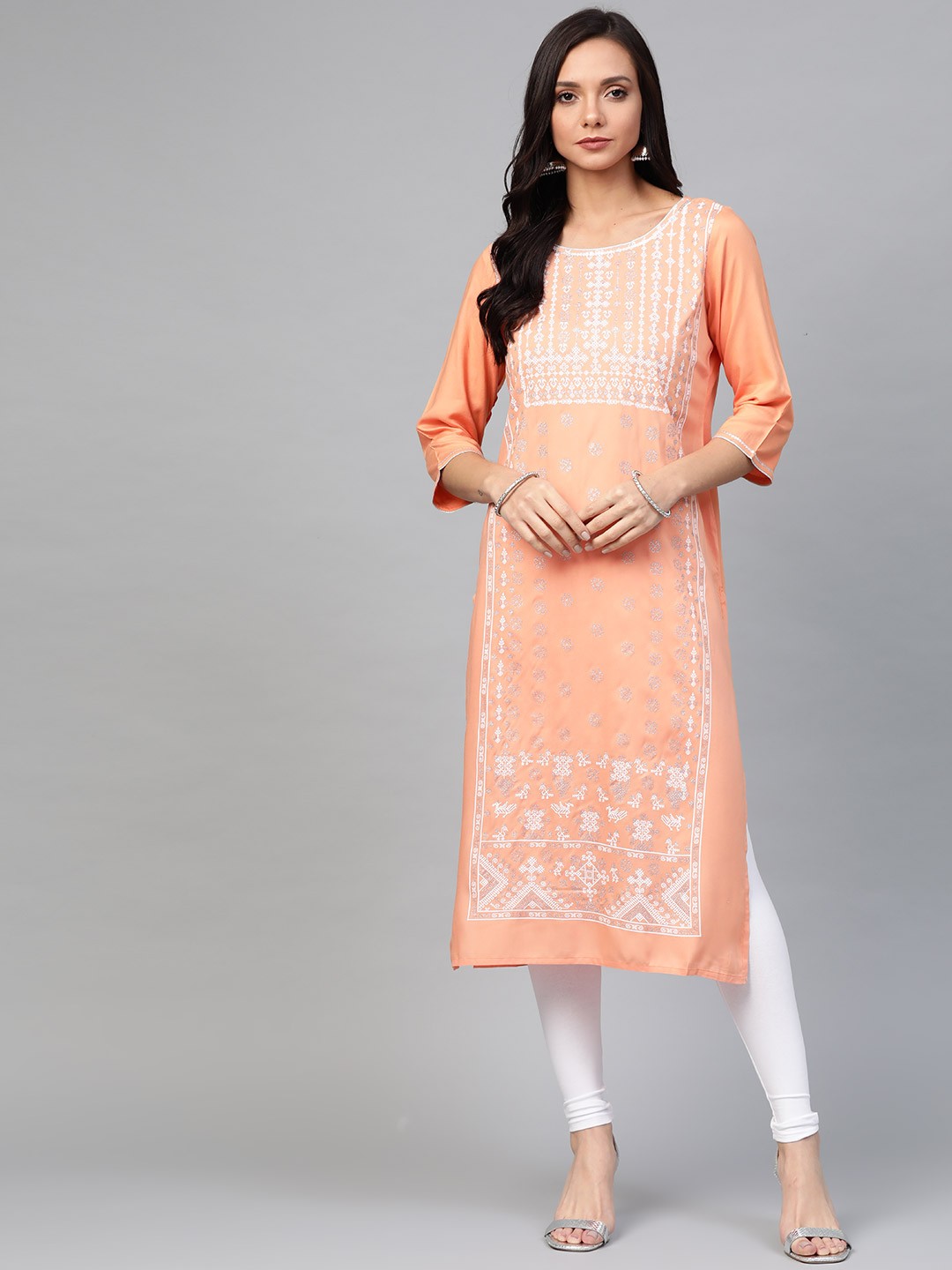 

AURELIA Women Peach-Coloured & Off-White Printed Straight Kurta