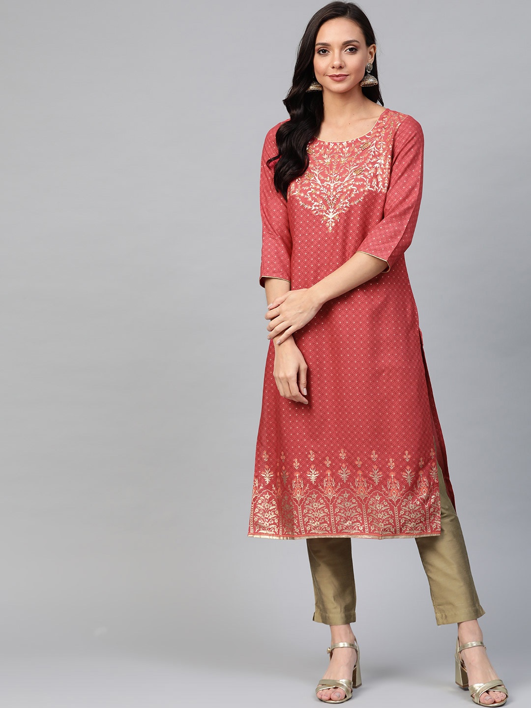 

AURELIA Women Rust Red & Off-White Printed Straight Kurta