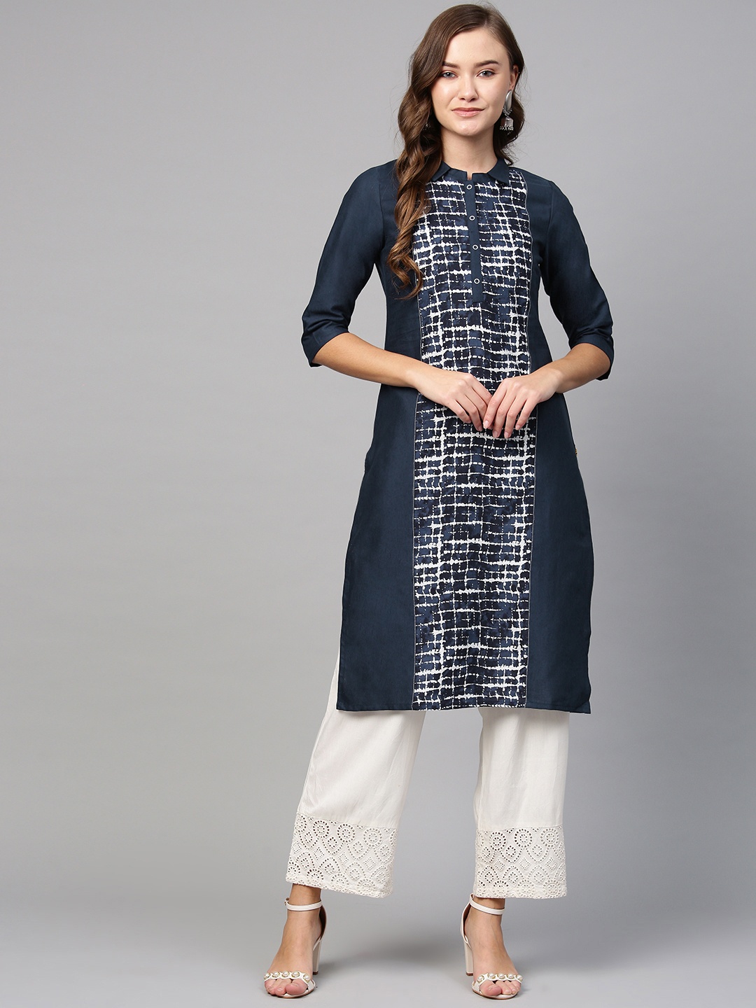 

AURELIA Women Navy Blue & White Printed Straight Kurta