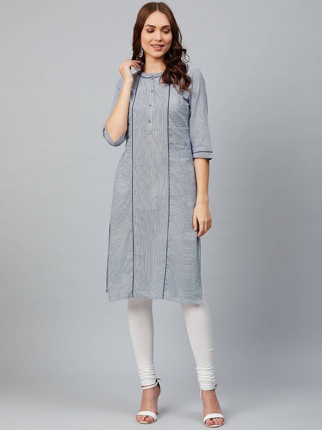 

AURELIA Women White & Navy Blue Self-Striped Straight Kurta