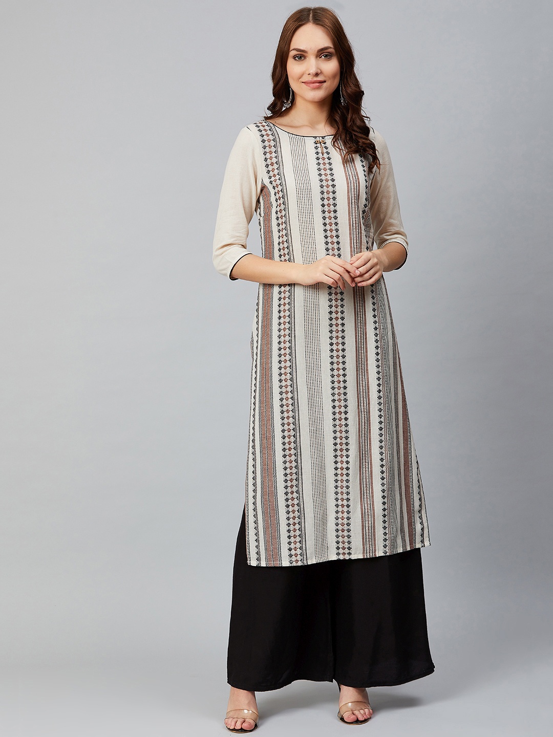 

AURELIA Women Beige & Black Woven Design Dobby Weaved Straight Kurta
