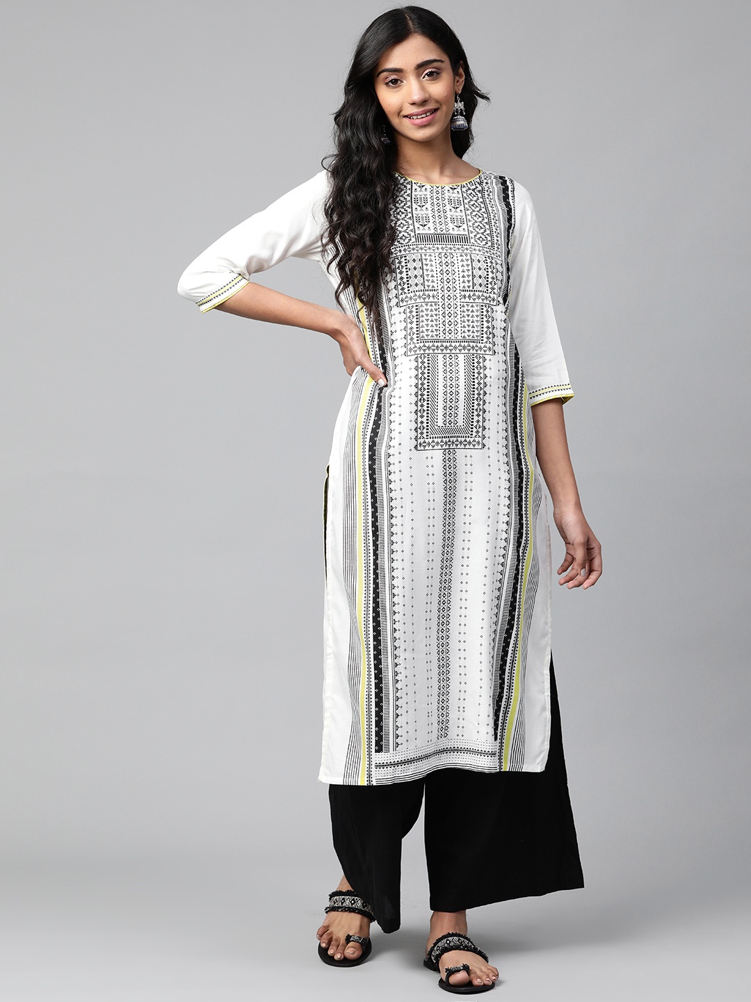 

AURELIA Women White & Black Printed Straight Kurta