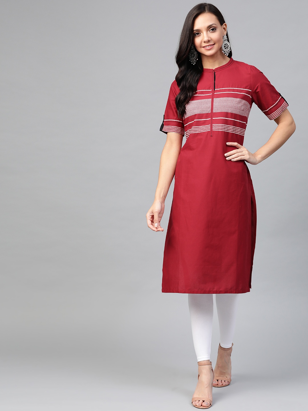 

AURELIA Women Red & White Chevron Yoke Print Straight Kurta