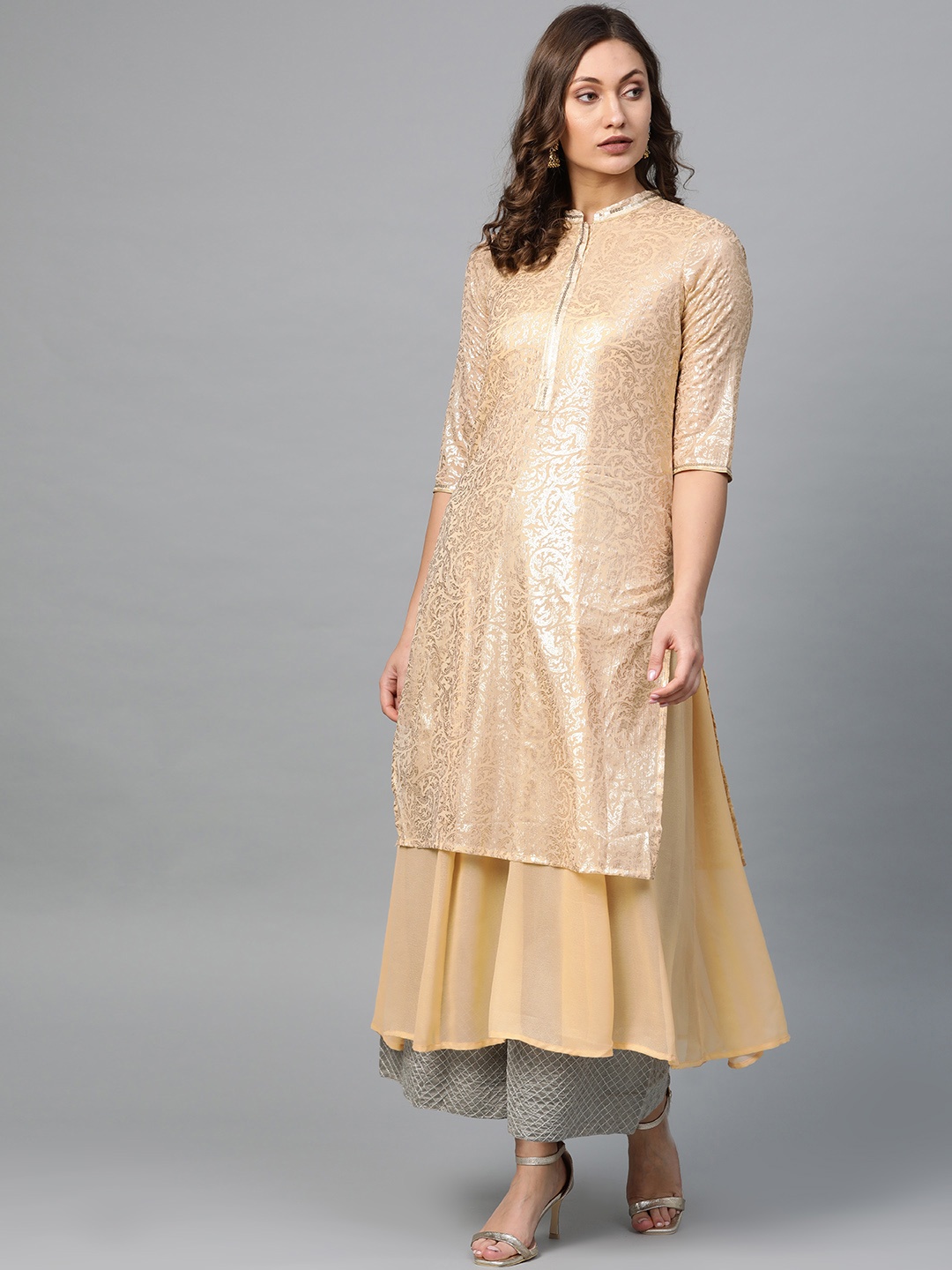 

AURELIA Women Beige & Golden Printed Layered A-Line Kurta