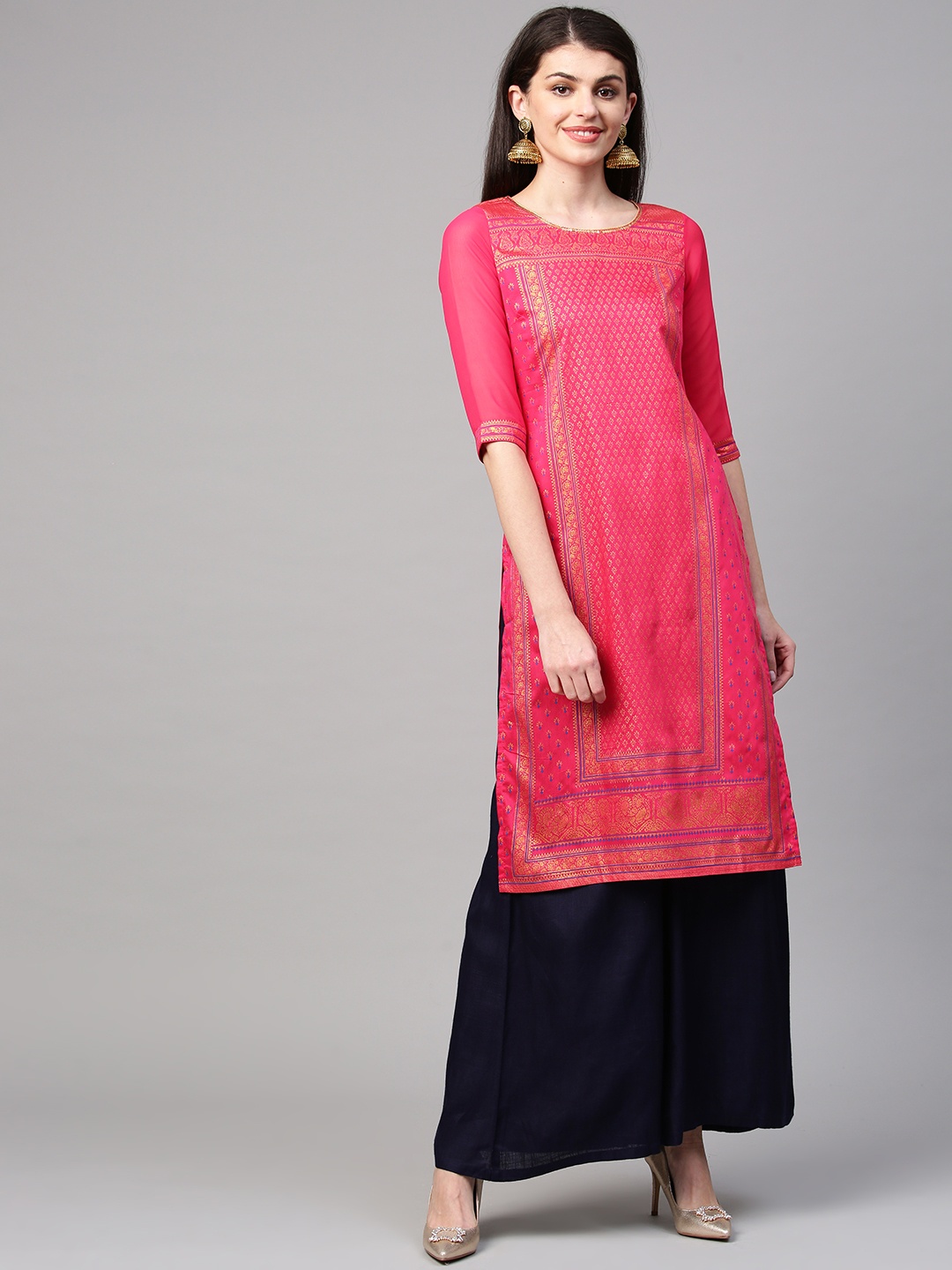 

AURELIA Women Pink & Golden Printed Straight Kurta