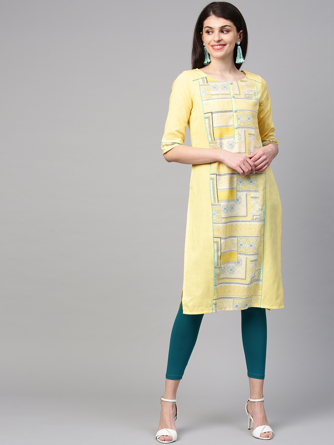 

AURELIA Women Yellow & Green Printed Straight Kurta