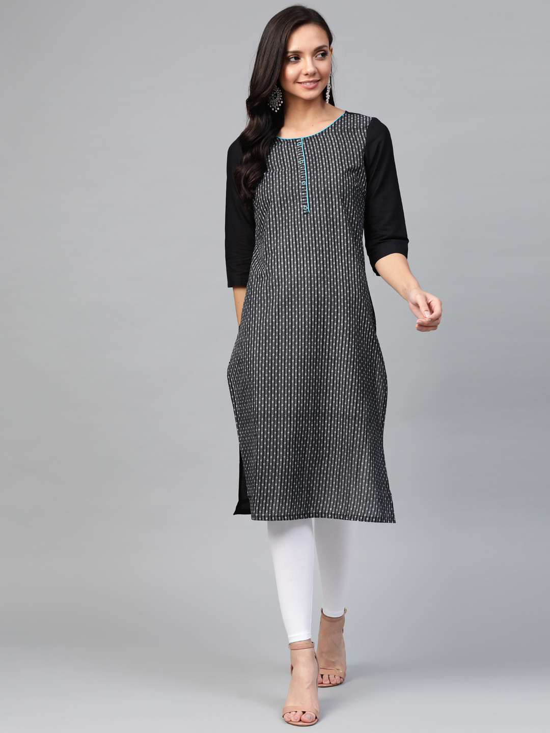 

AURELIA Women Black & White Woven Design Straight Kurta