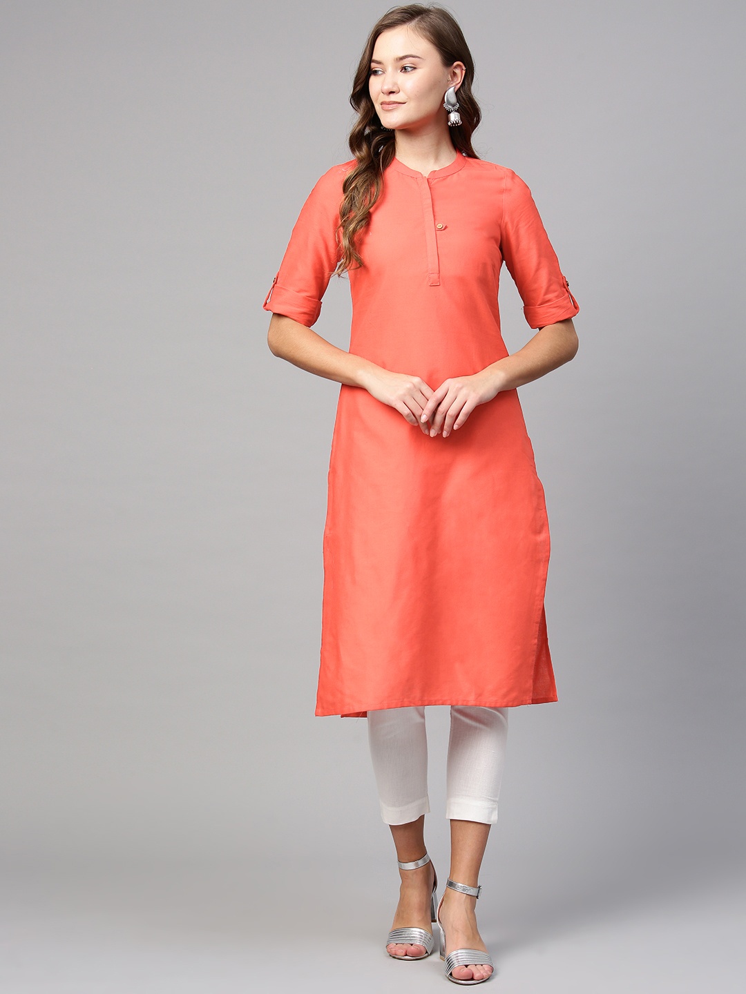 

AURELIA Women Coral Orange Solid Straight Kurta