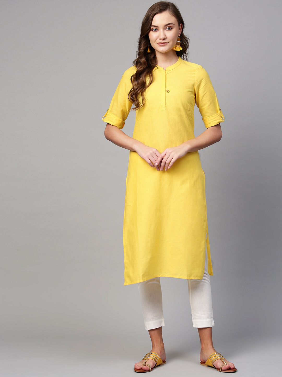 

AURELIA Women Yellow Solid Straight Kurta