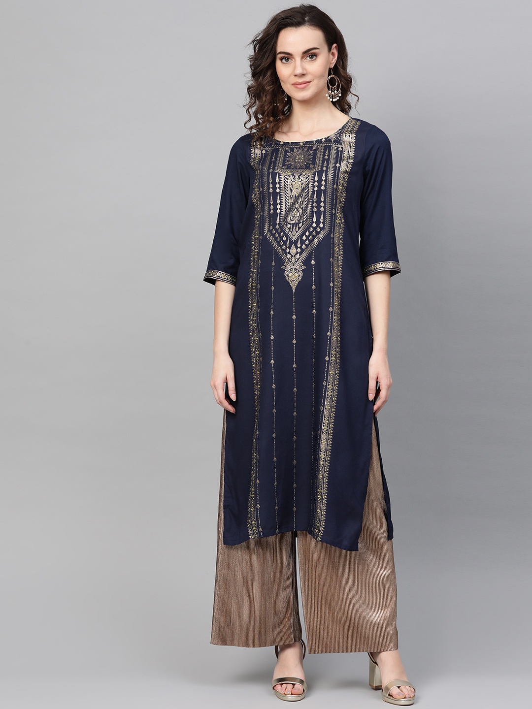 

AURELIA Women Navy Blue & Golden Printed Straight Kurta