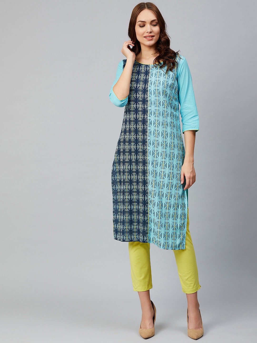 

AURELIA Women Blue & Yellow Woven-Design Yarn Dyed Dobby Weaved Straight Kurta