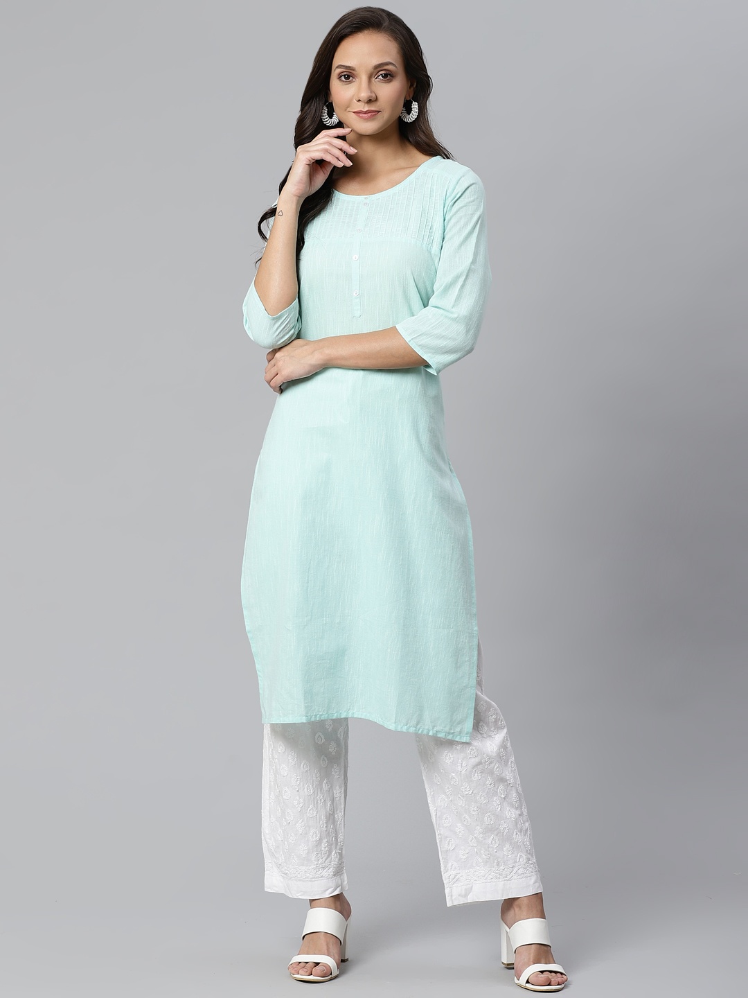 

AURELIA Women Blue Solid Straight Yarn-Dyed Kurta