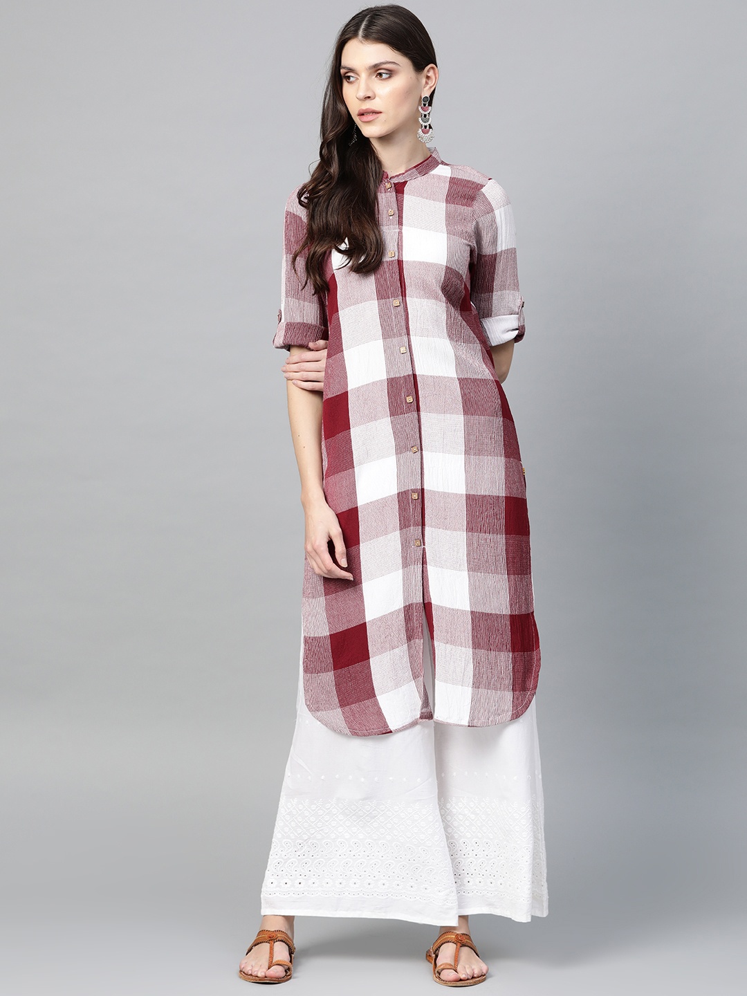 

AURELIA Women Maroon & White Checked Straight Kurta