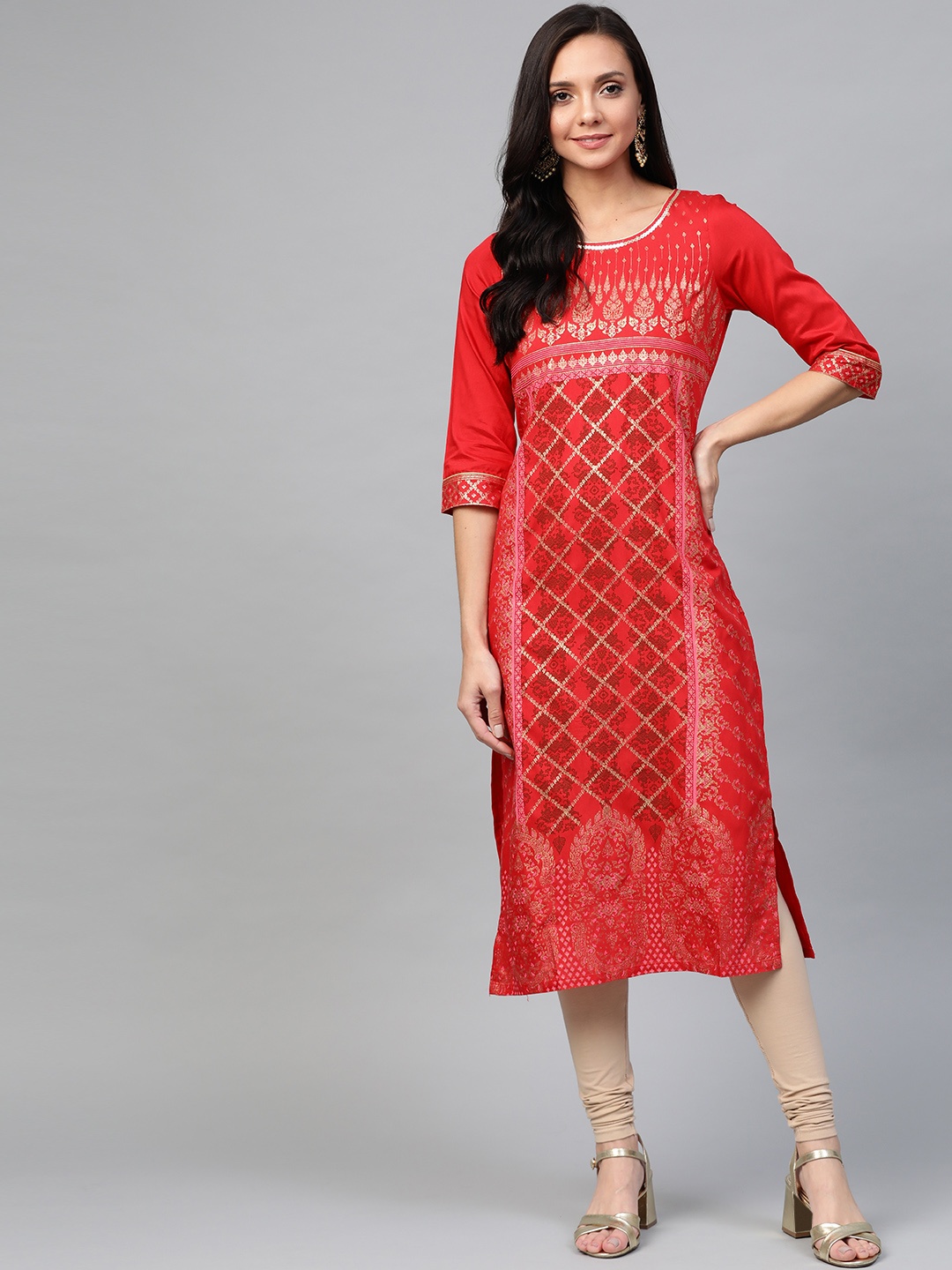 

AURELIA Women Red & Golden Ethnic Print Straight Kurta with Sequinned Detail