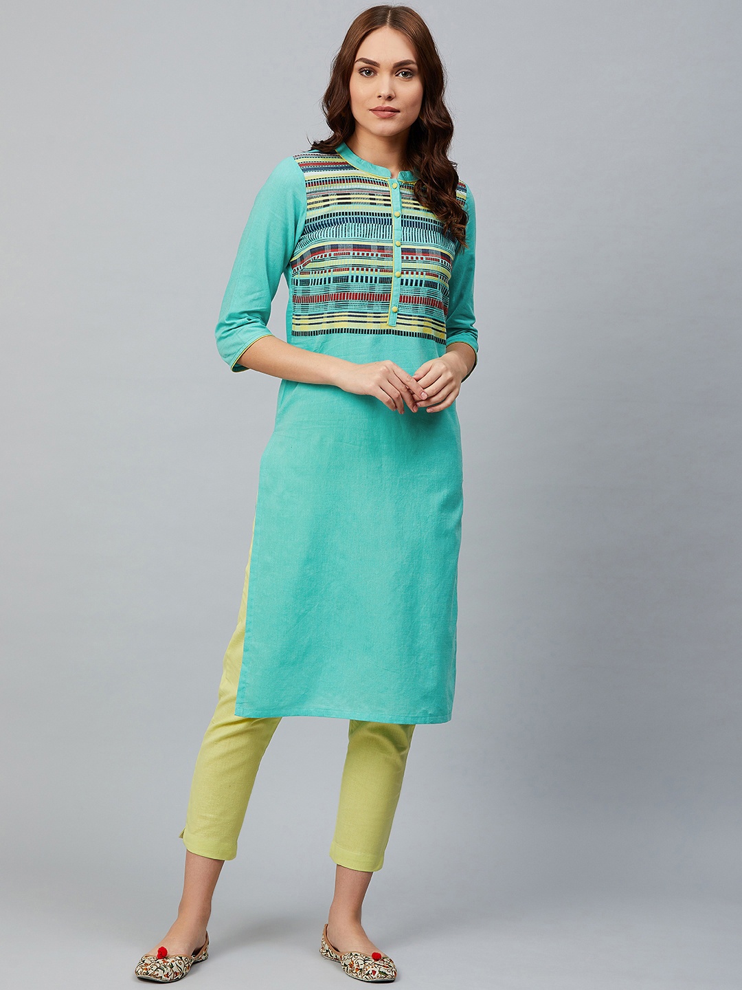 

AURELIA Women Straight Cotton Kurta, Sea green