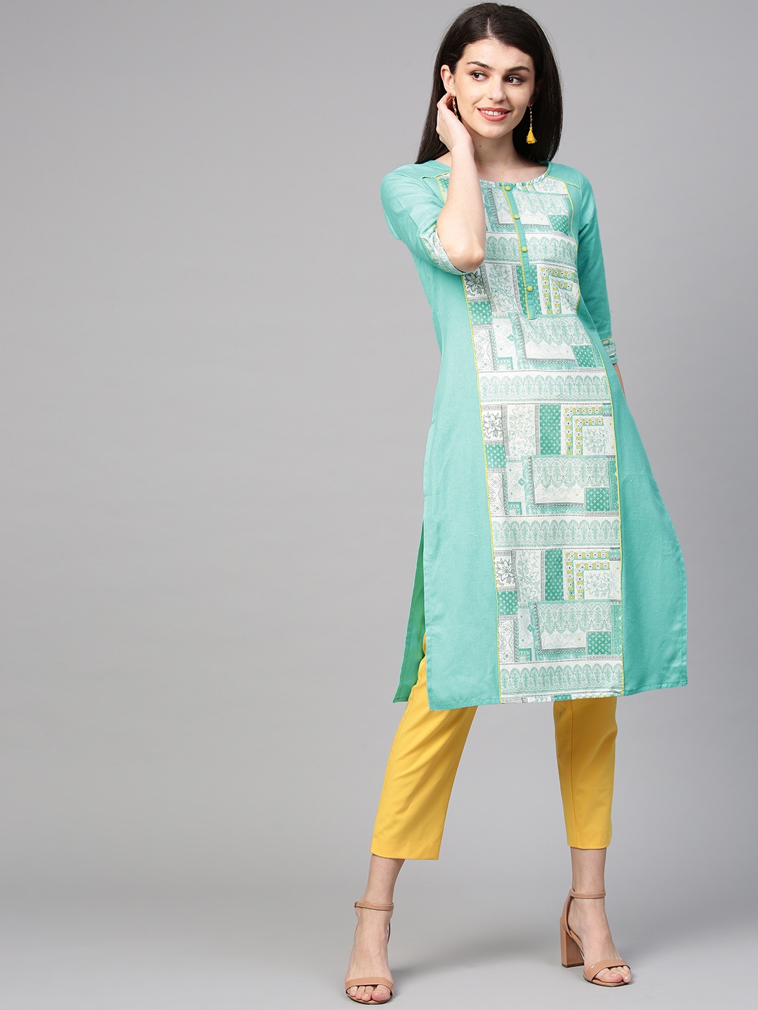 

AURELIA Women Green & White Printed Straight Kurta