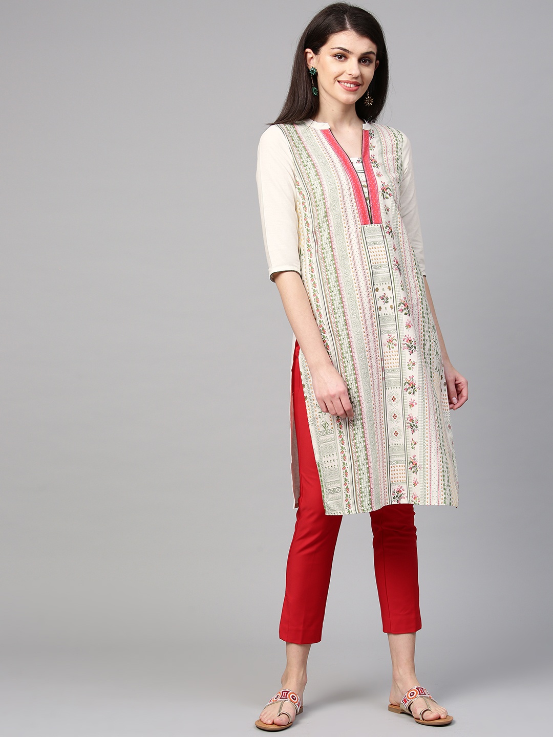 

AURELIA Women Off-White & Green Printed Straight Kurta